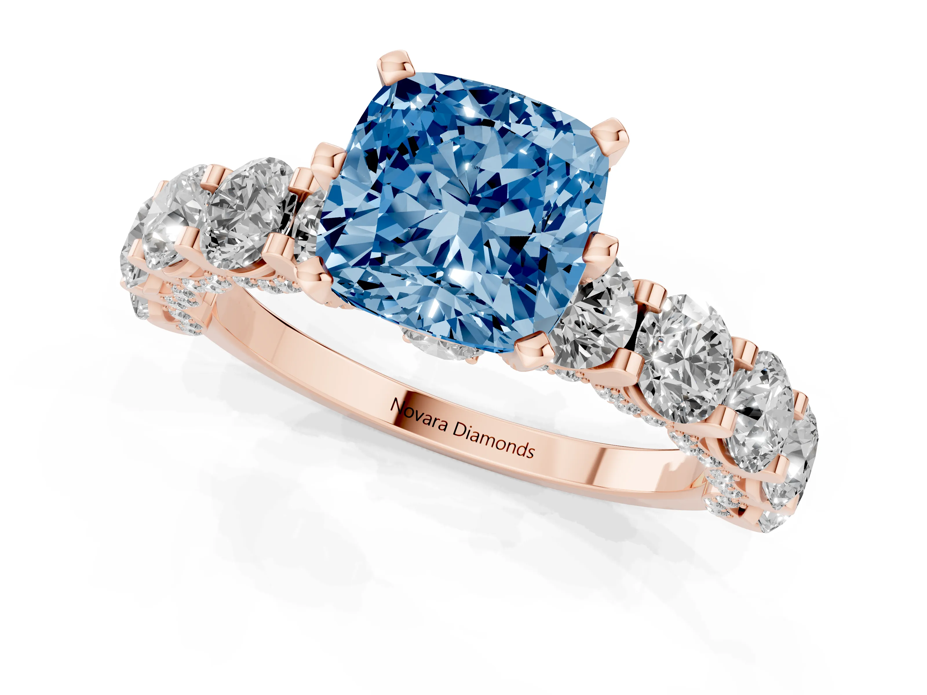 Fancy Blue Cushion Cut Diamond Side Stone Ring Set in Rose gold with Alternating Round and Oval Side Stones – second view