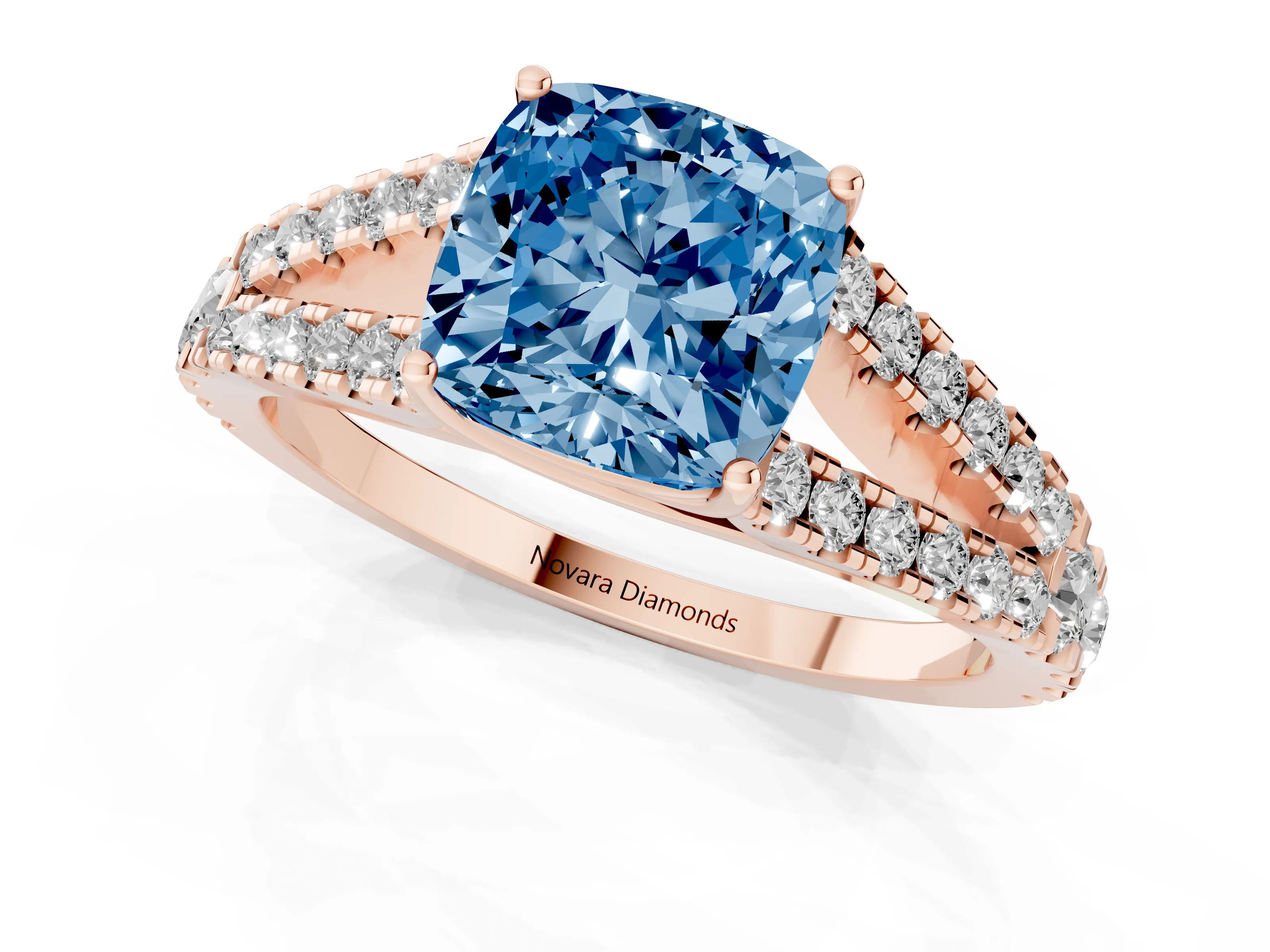 Fancy Blue Cushion Cut Diamond Split Shank Pavé Engagement Ring Set in Rose gold with Prong-Held Center Stone