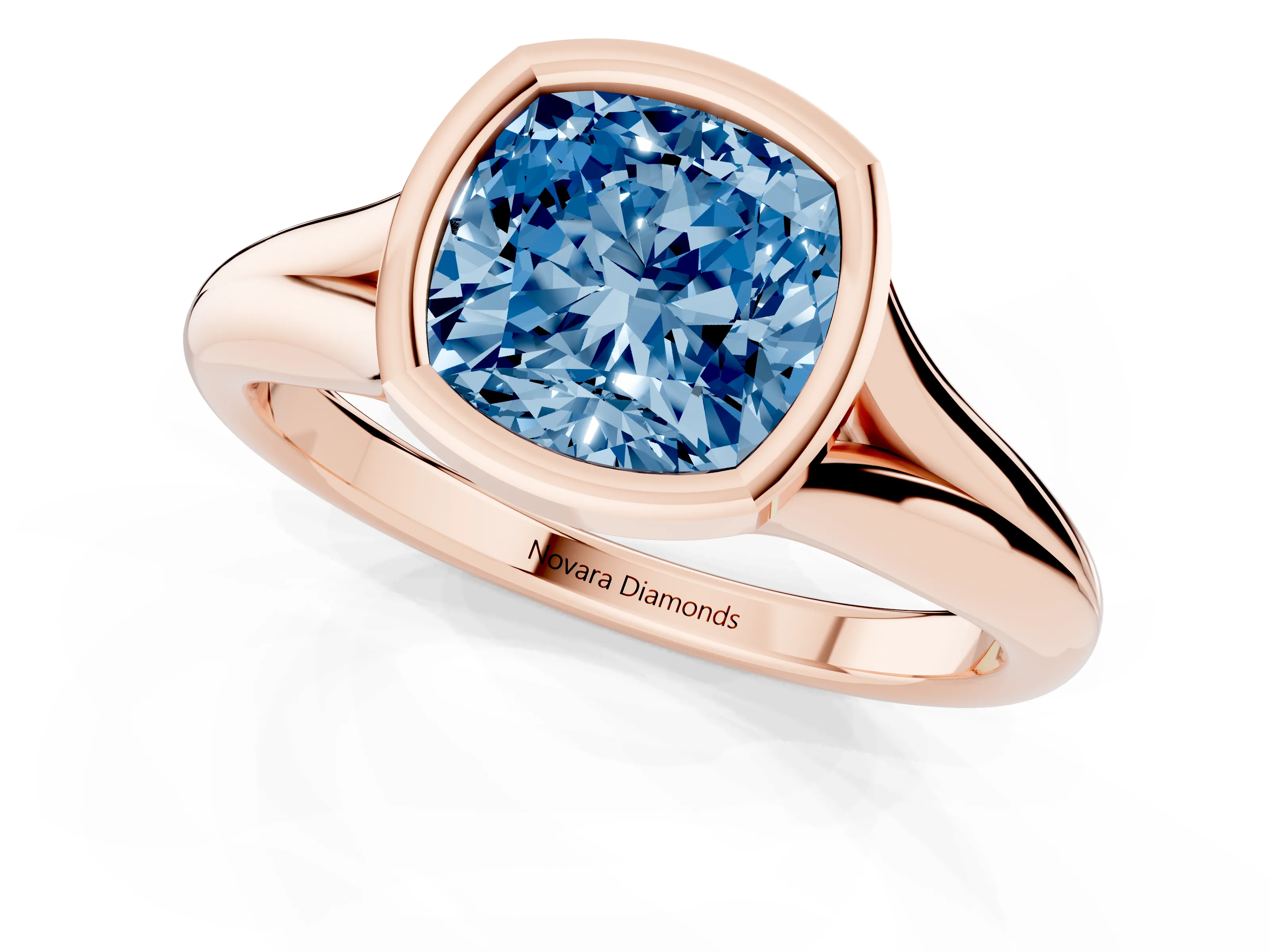 Fancy Blue Bezel Set Cushion Cut Diamond Solitaire Ring Set in Rose gold with Smooth Band