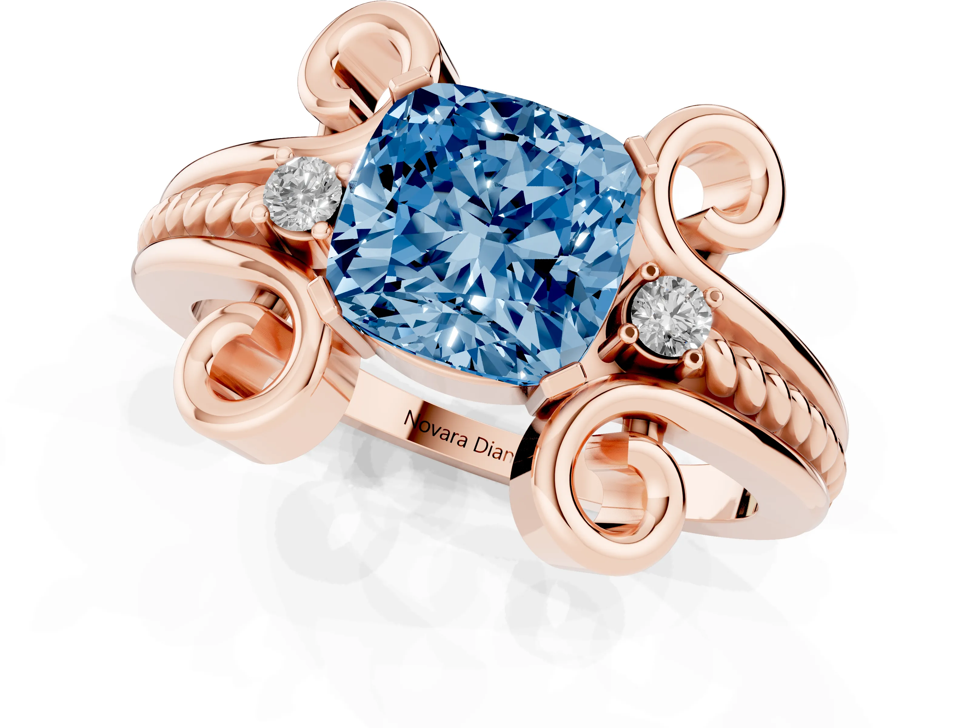Fancy Blue Cushion Cut Diamond Twisted Band Solitaire Ring Set in Rose gold with Scroll Prongs