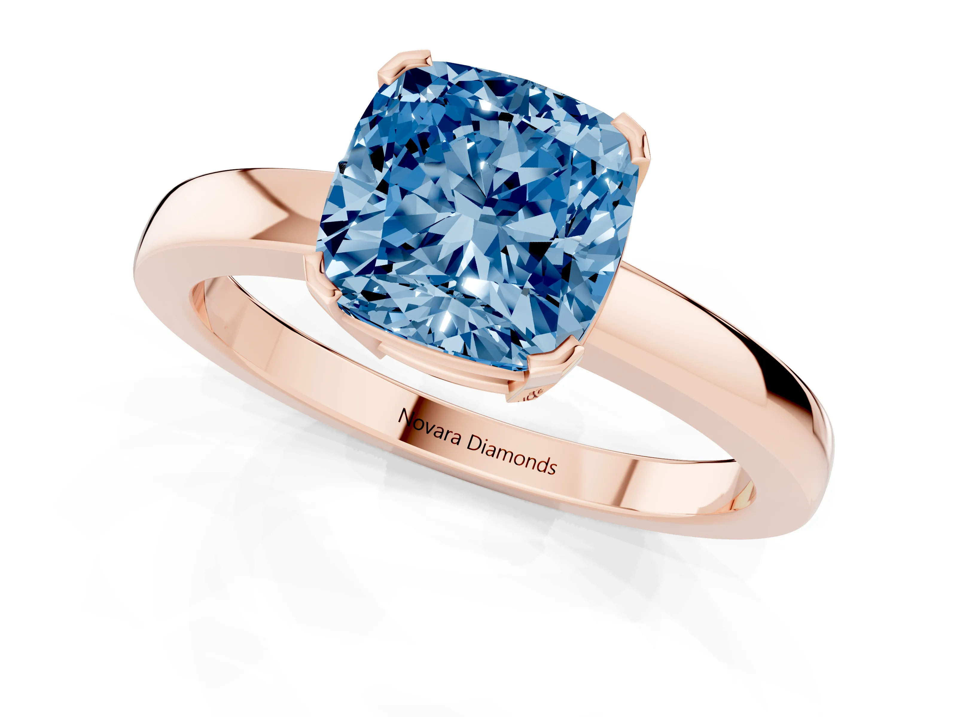 Fancy Blue Cushion Cut Diamond Solitaire Ring Set in Rose gold with Prong Head and Smooth Polished Band