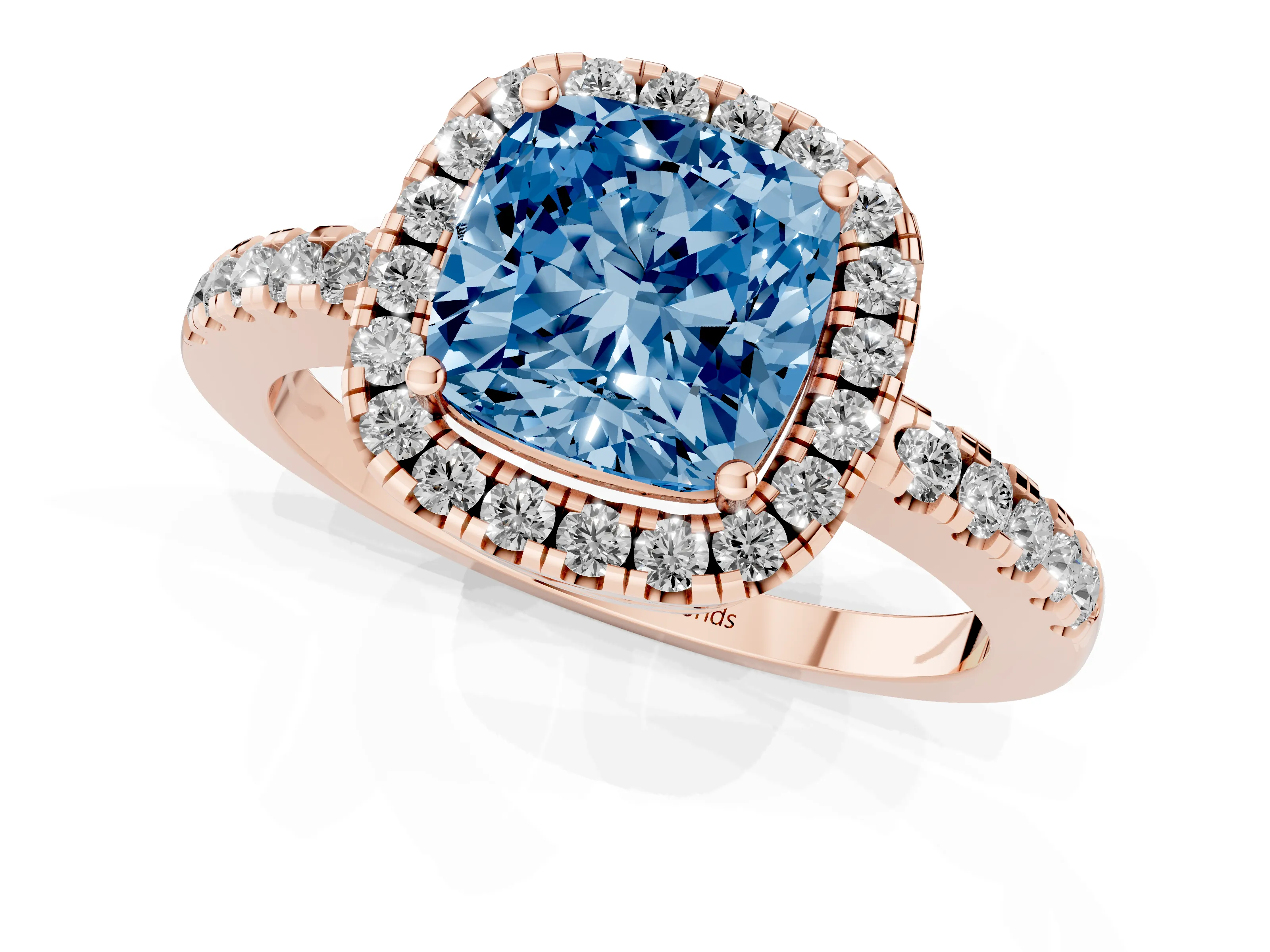 Fancy Blue Cushion Cut Diamond Pavé Band Halo Engagement Ring Set in Rose gold with Prong Setting