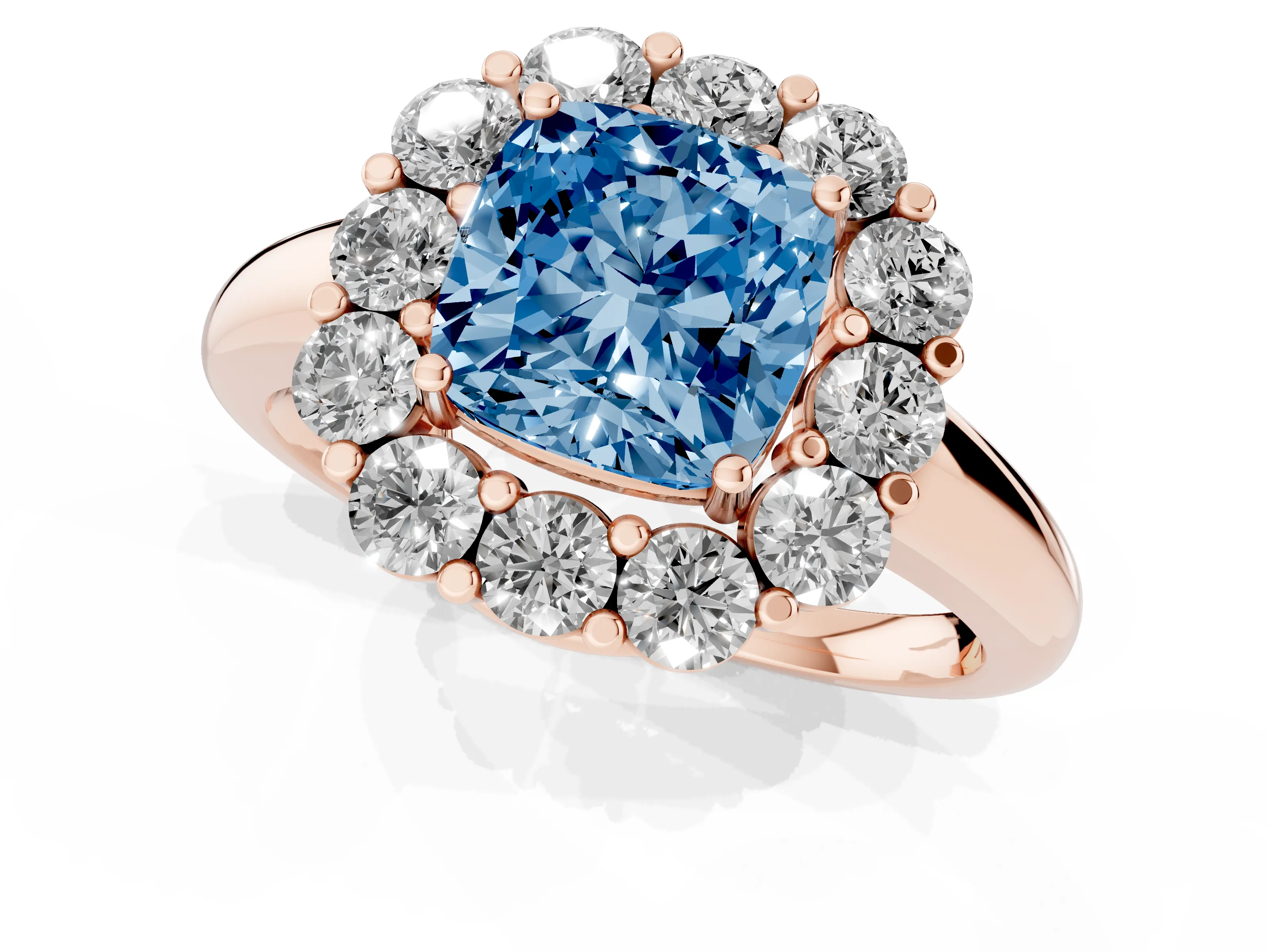 Fancy Blue Cushion Cut Diamond Halo Cluster Engagement Ring Set in Rose gold with Polished Band and Prong Setting