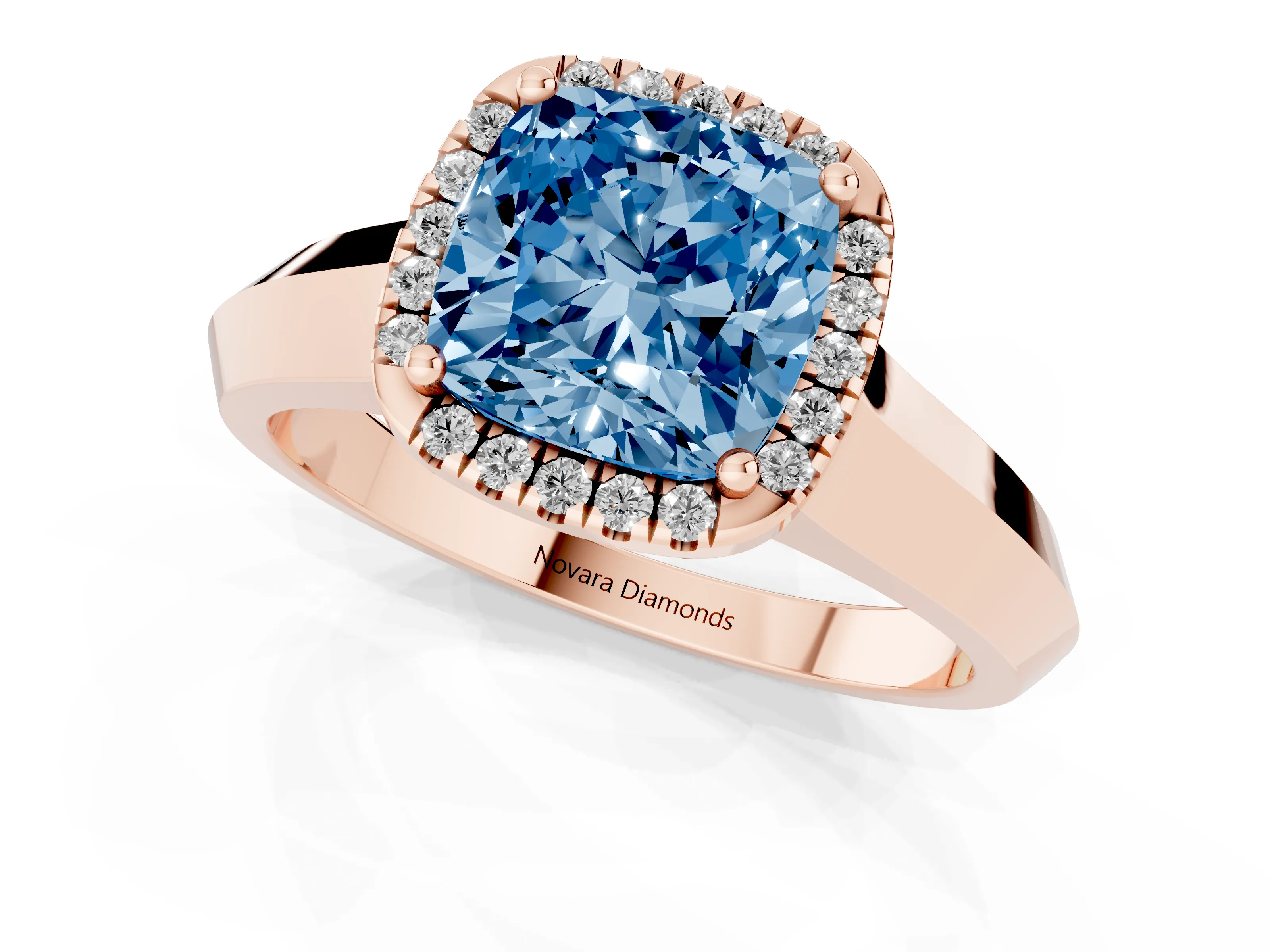 Fancy Blue Cushion Cut Diamond Halo Ring Set in Rose gold with Cathedral Band and Prong Setting