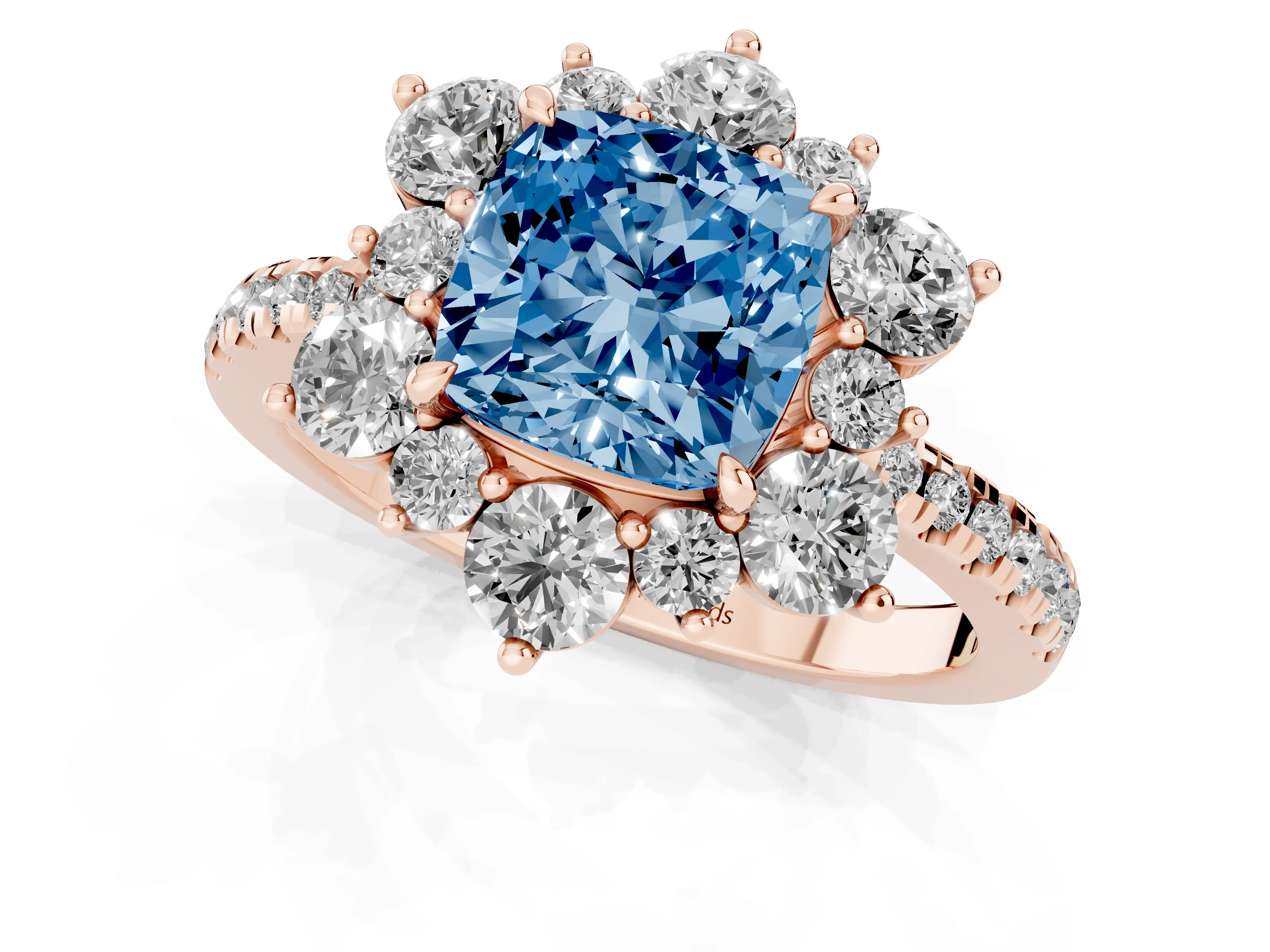 Fancy Blue Cushion Cut Diamond Floral Halo Ring Set in Rose gold with Round Pavé Band and Prong Setting
