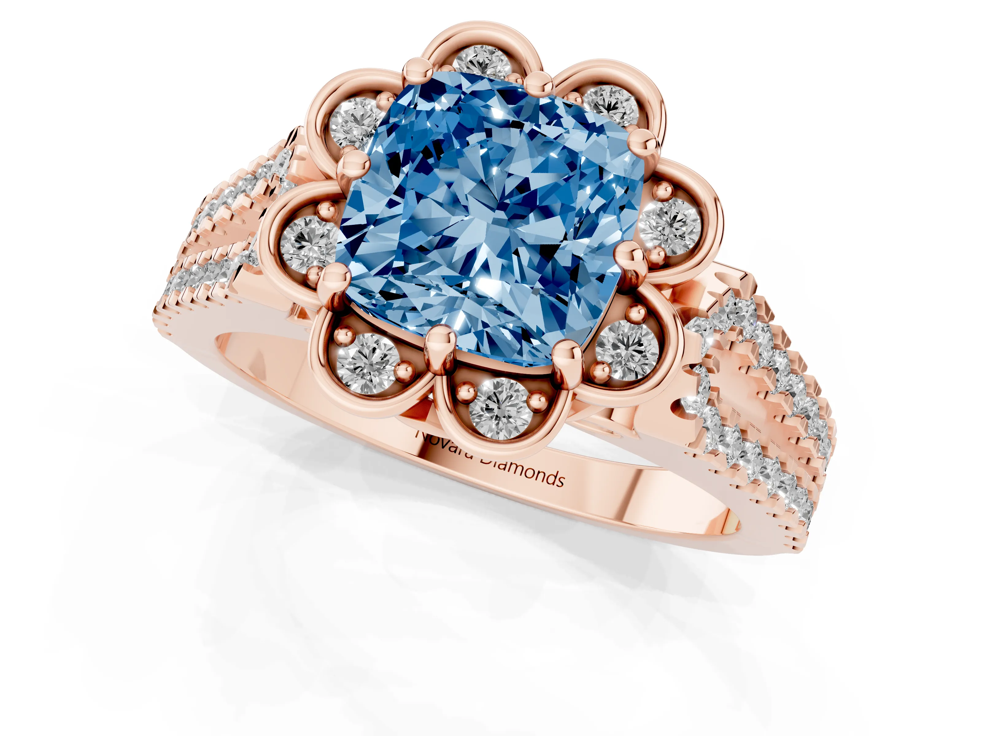 Fancy Blue Cushion Cut Diamond Floral Halo Split Shank Engagement Ring Set in Rose gold with Pavé Shank