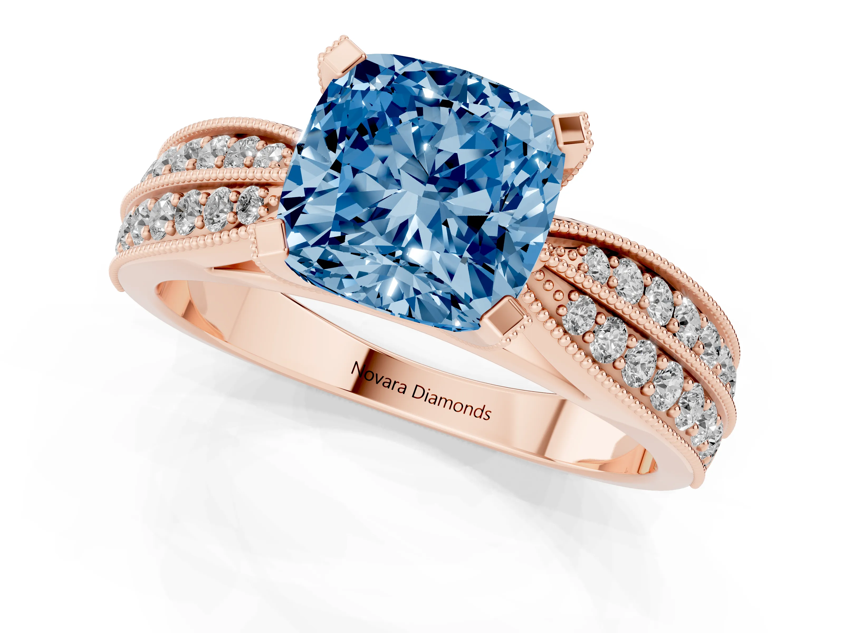 Fancy Blue Cushion Cut Diamond Solitaire Ring Set in Rose gold with Milgrain Double Row Round Pavé Band