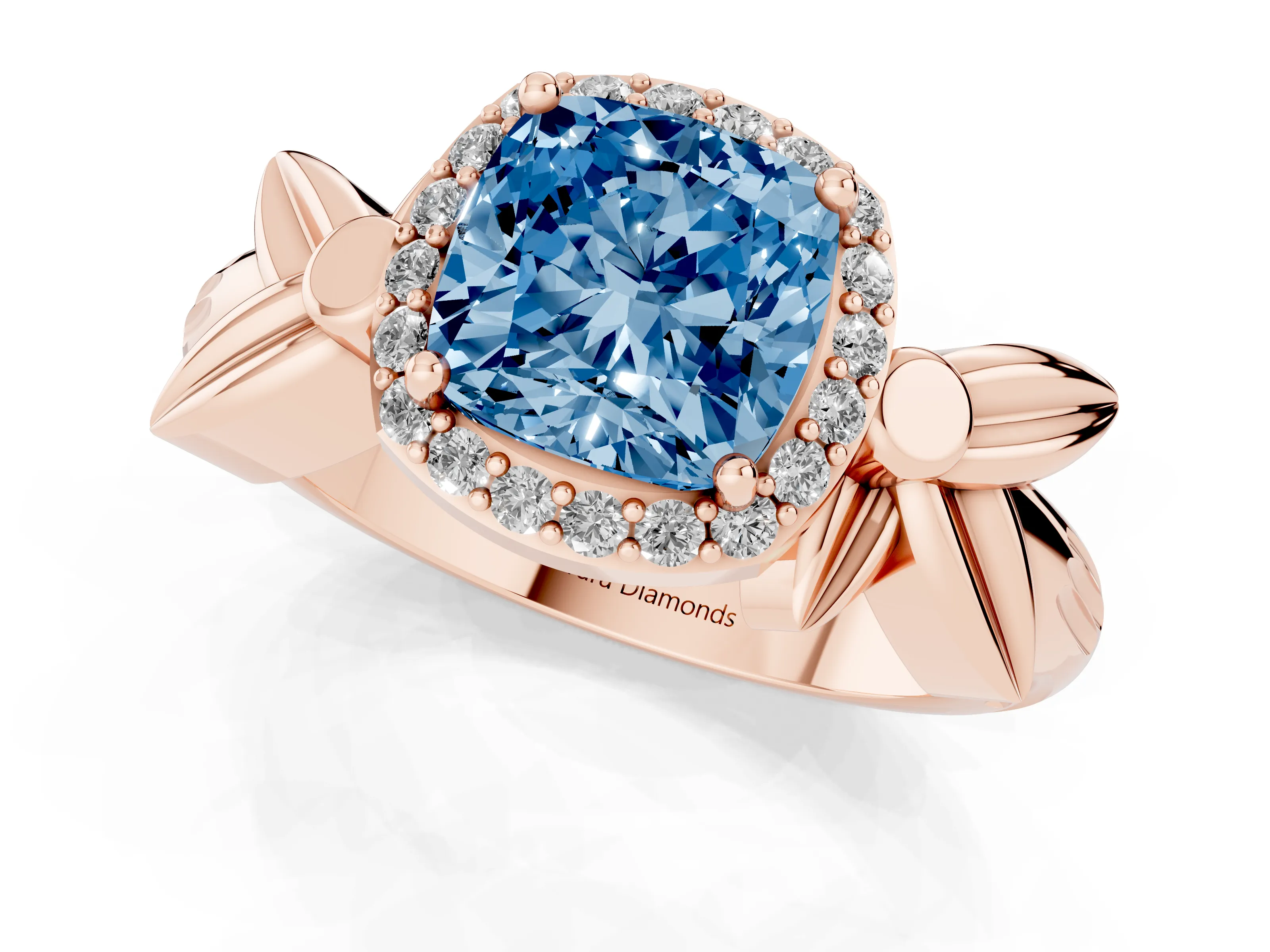 Fancy Blue Cushion Cut Diamond Halo Floral Band Ring Set in Rose gold with Prong Setting