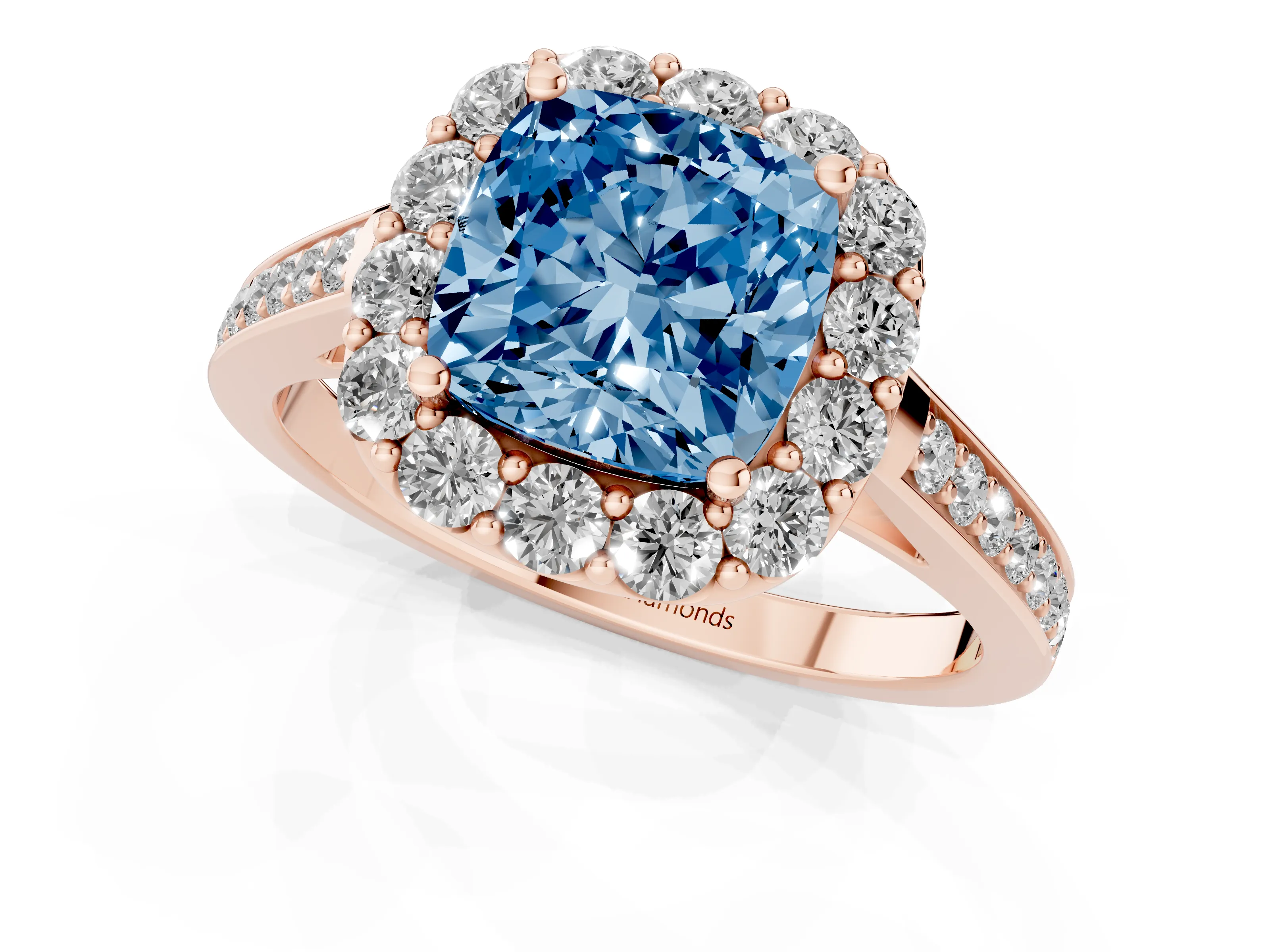Fancy Blue Cushion Cut Diamond Floral Halo Ring Set in Rose gold with Pavé Band and Prong Setting