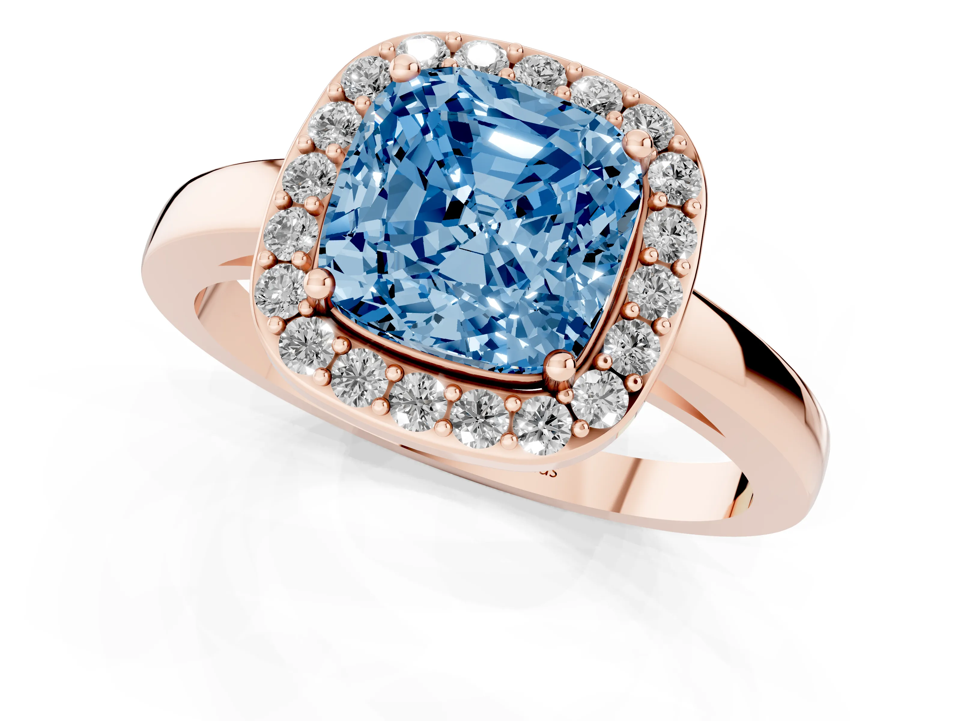 Fancy Blue Cushion Cut Diamond Halo Ring Set in Rose gold with Solitaire Band and Prong Setting