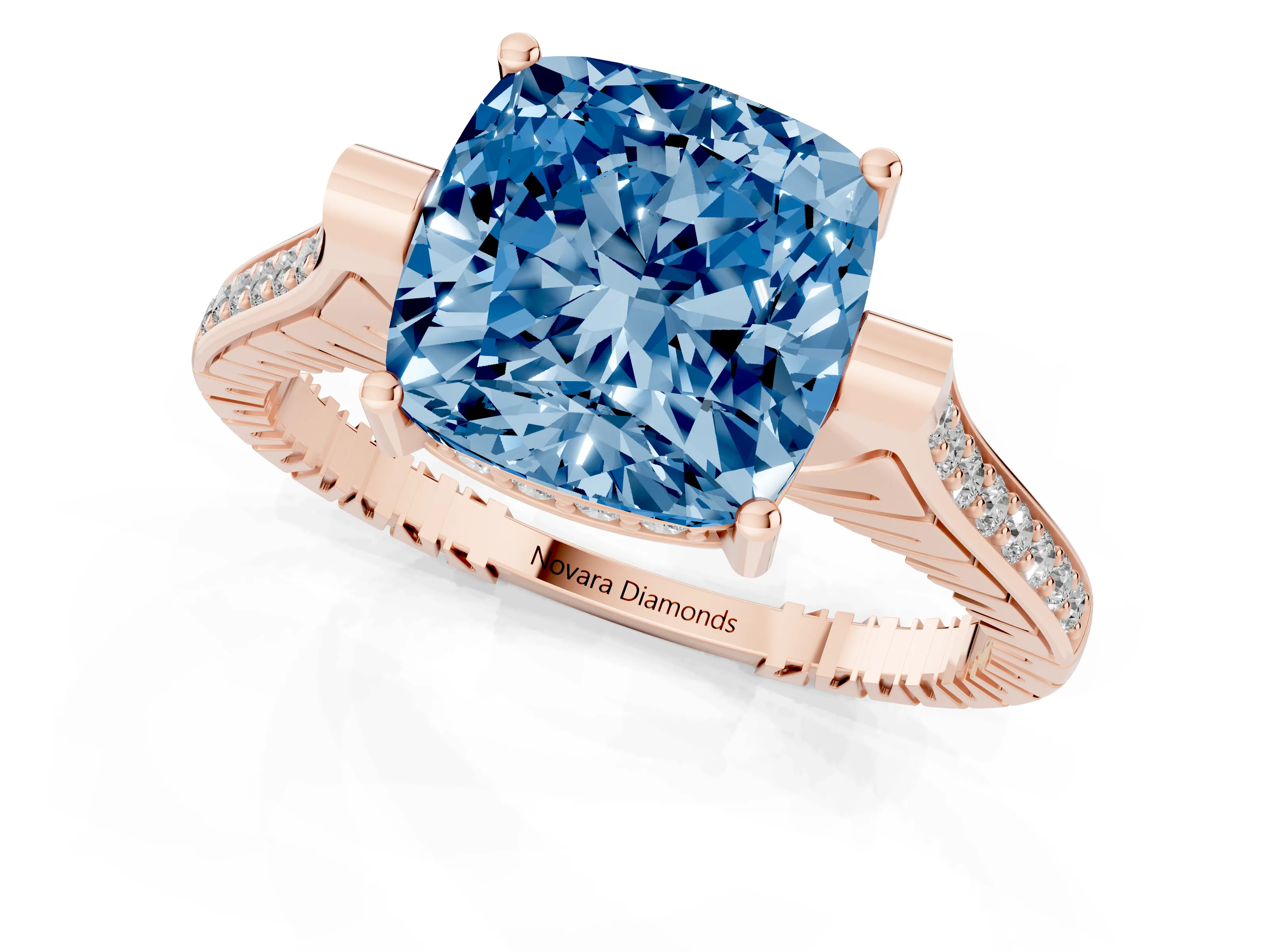 Fancy Blue Cushion Cut Diamond Solitaire Ring Set in Rose gold with Channel Set Band and Bezel Prong Setting