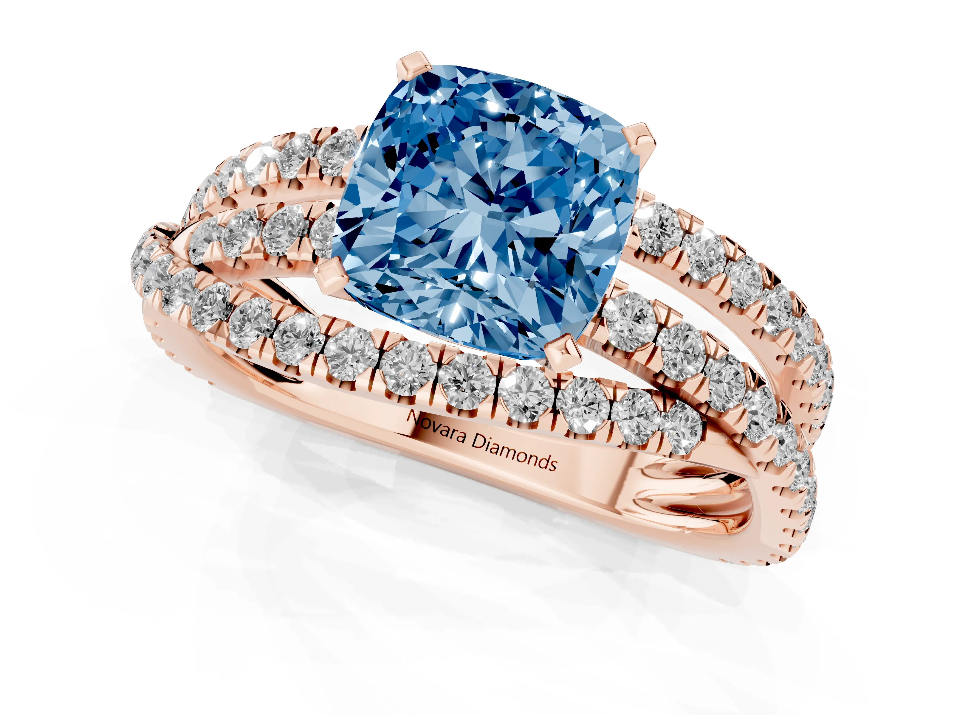 Fancy Blue Cushion Cut Diamond Solitaire Twist Band Ring Set in Rose gold with Pavé Setting and Prong Head
