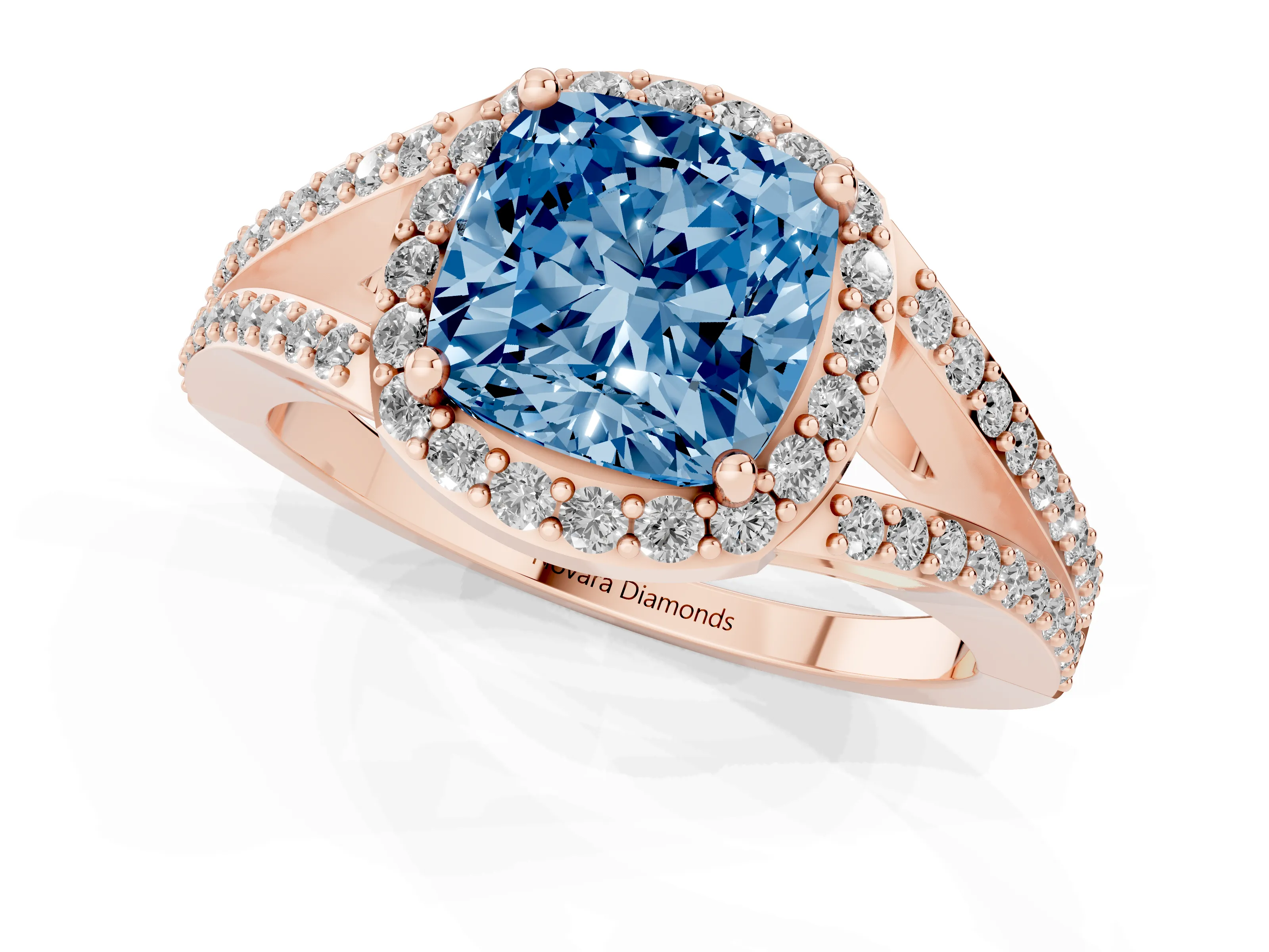 Fancy Blue Cushion Cut Diamond Halo Split Shank Ring Set in Rose gold with Accent Stones and Prong Setting