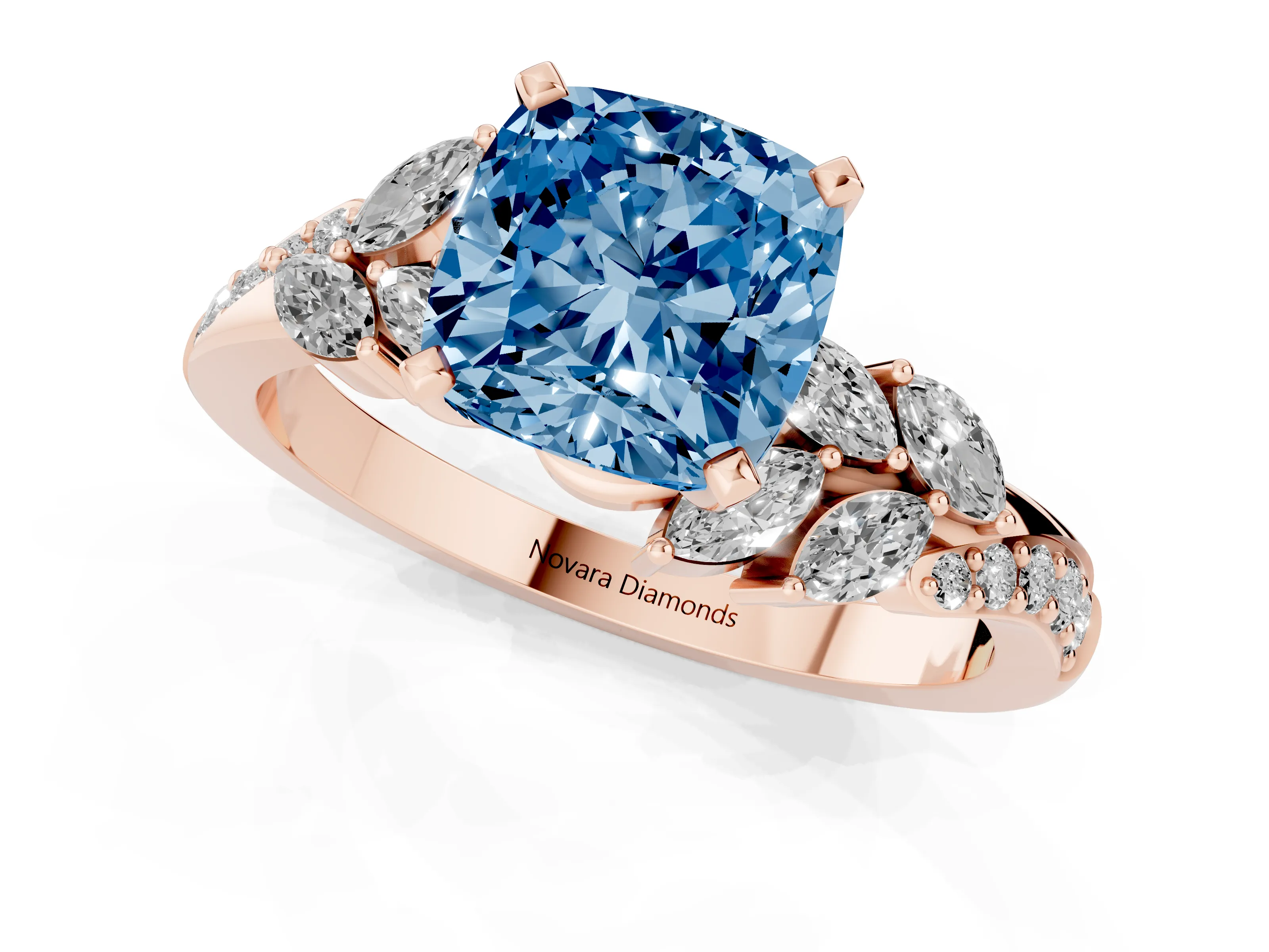 Fancy Blue Cushion Cut Diamond Solitaire Ring Set in Rose gold with Marquise Twist Band and Prong Setting