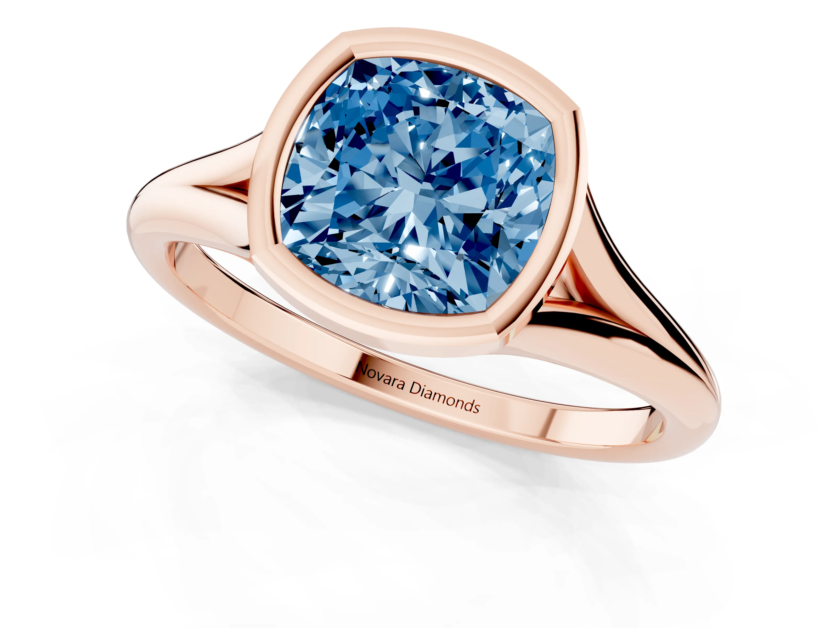 Fancy Blue Bezel Set Cushion Cut Diamond Solitaire Ring Set in Rose gold with Tapered Band