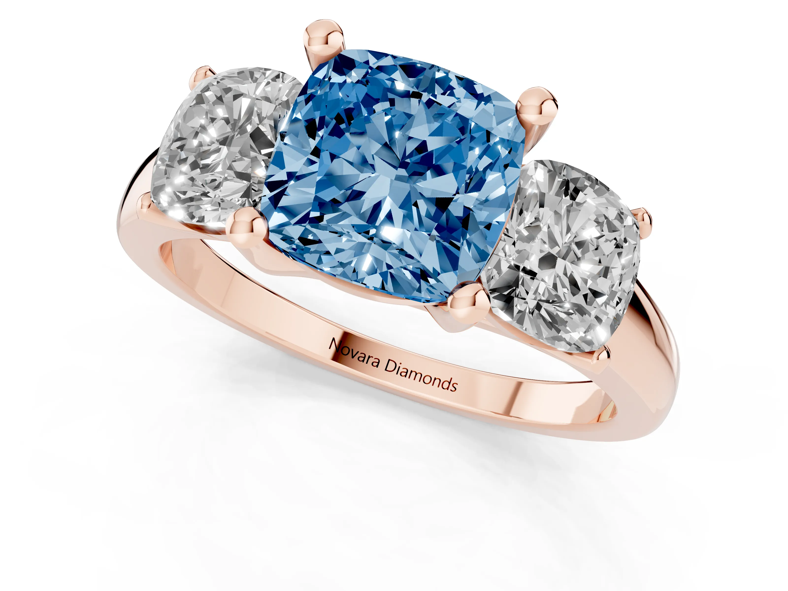 Fancy Blue Cushion Cut Diamond Three-Stone Ring Set in Rose gold with Classic Prong Setting and Plain Band