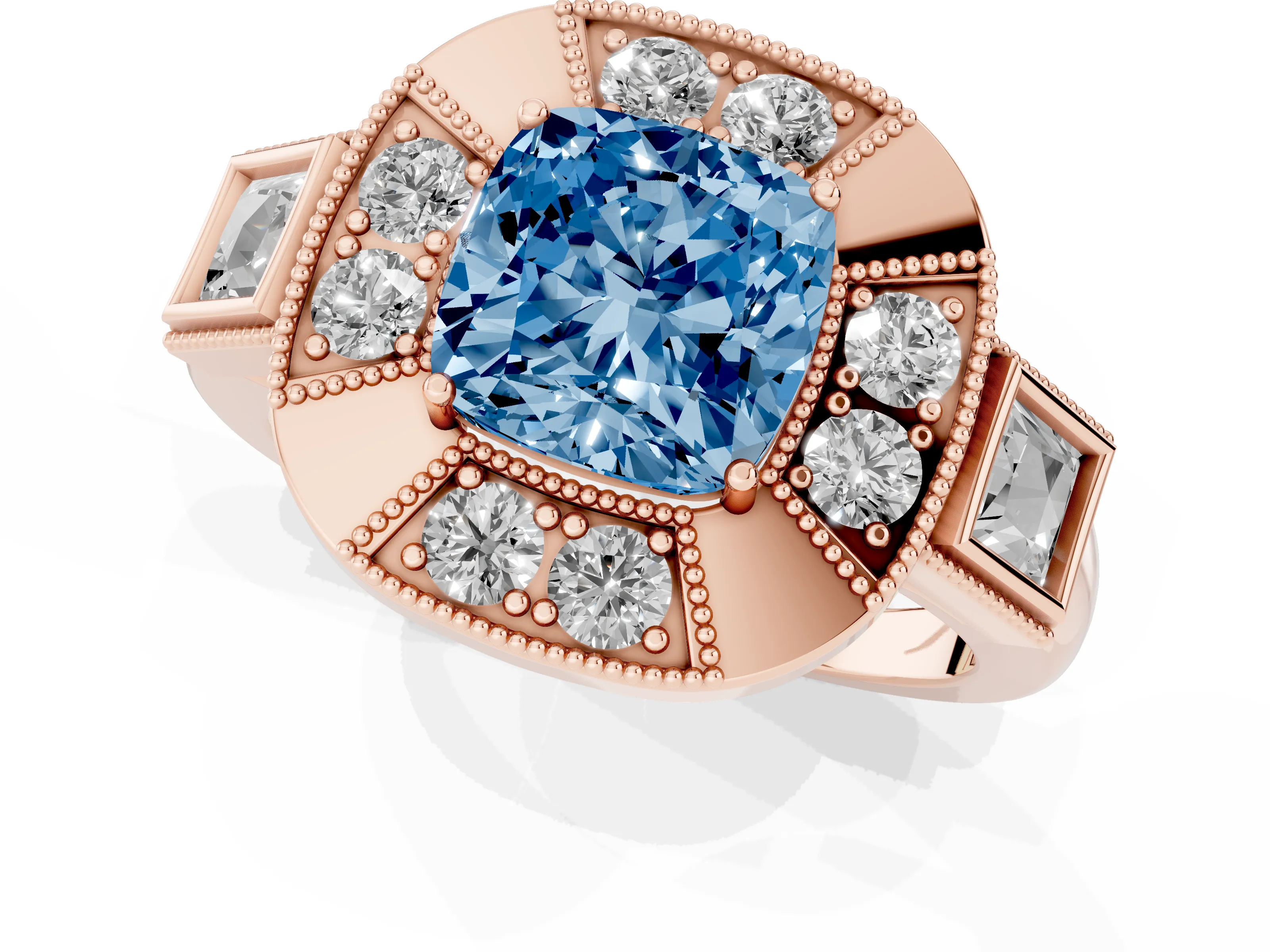 Fancy Blue Cushion Cut Diamond Milgrain Halo Ring Set in Rose gold with Split Shank