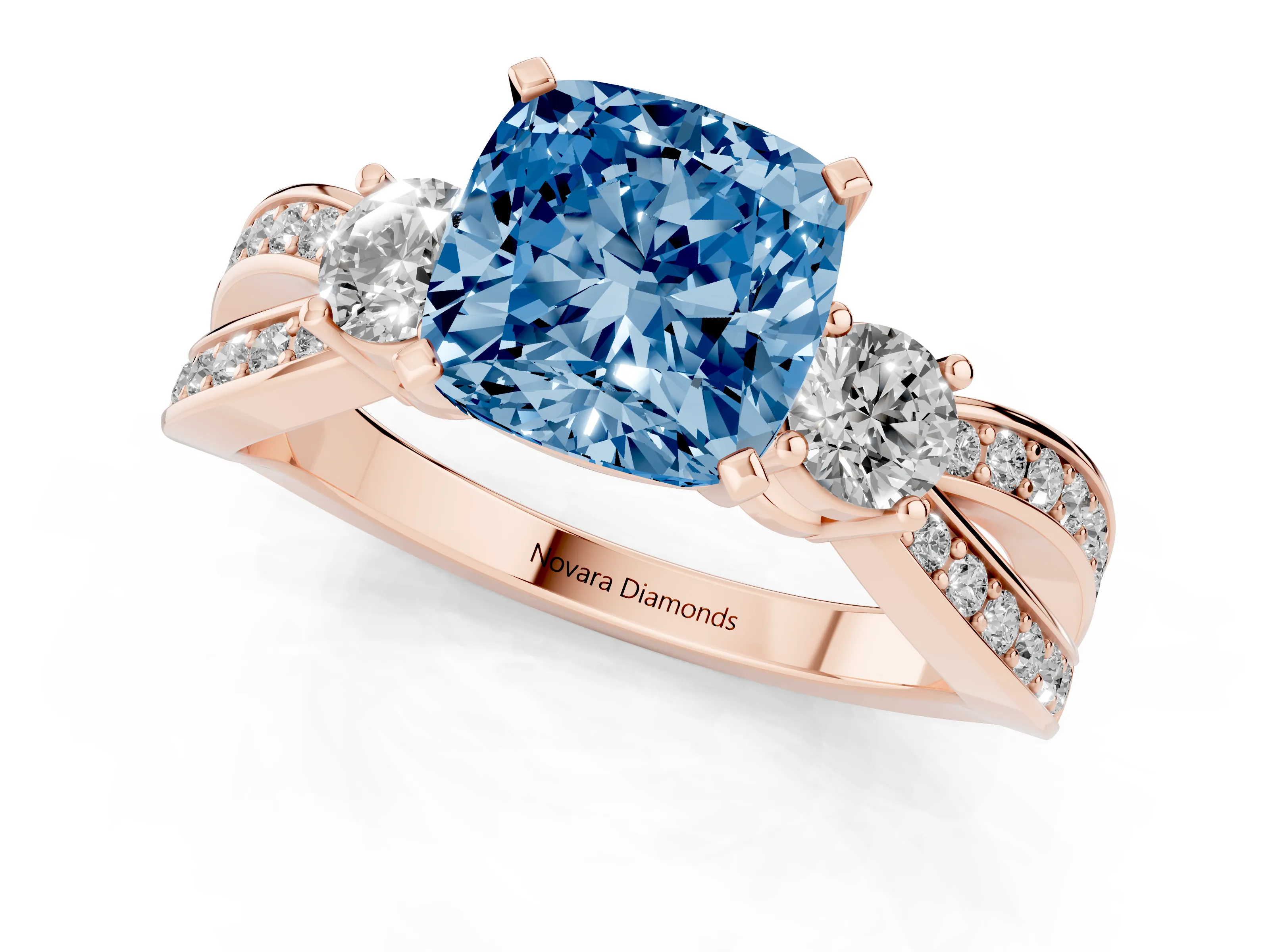 Fancy Blue Three-Stone Cushion Cut Diamond Twist Band Ring Set in Rose gold with Pavé Accents and Prong Setting