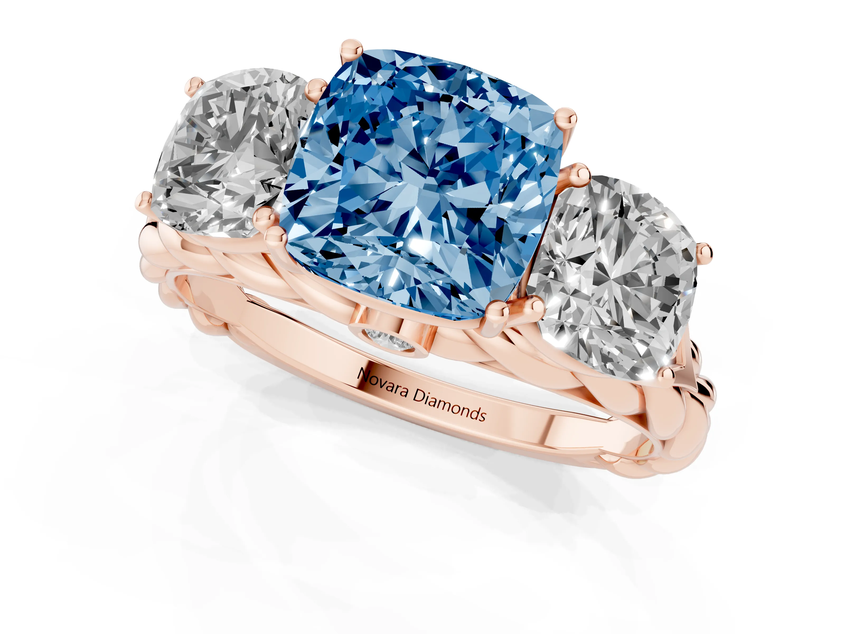 Fancy Blue Cushion Cut Diamond Three-Stone Ring Set in Rose gold with Braided Band