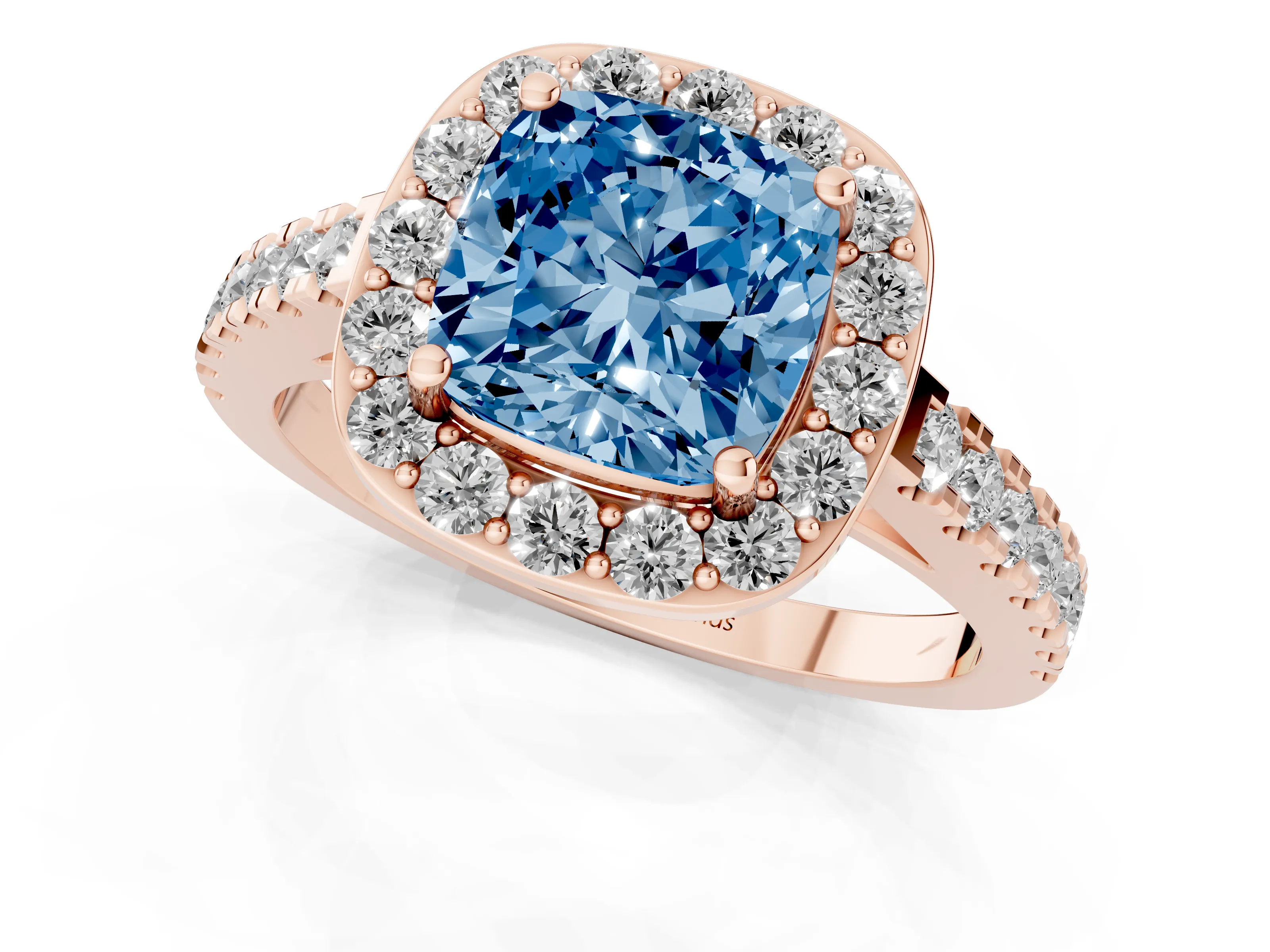 Fancy Blue Cushion Cut Diamond Halo Ring Set in Rose gold with Round Pavé Split Shank and Prong Setting