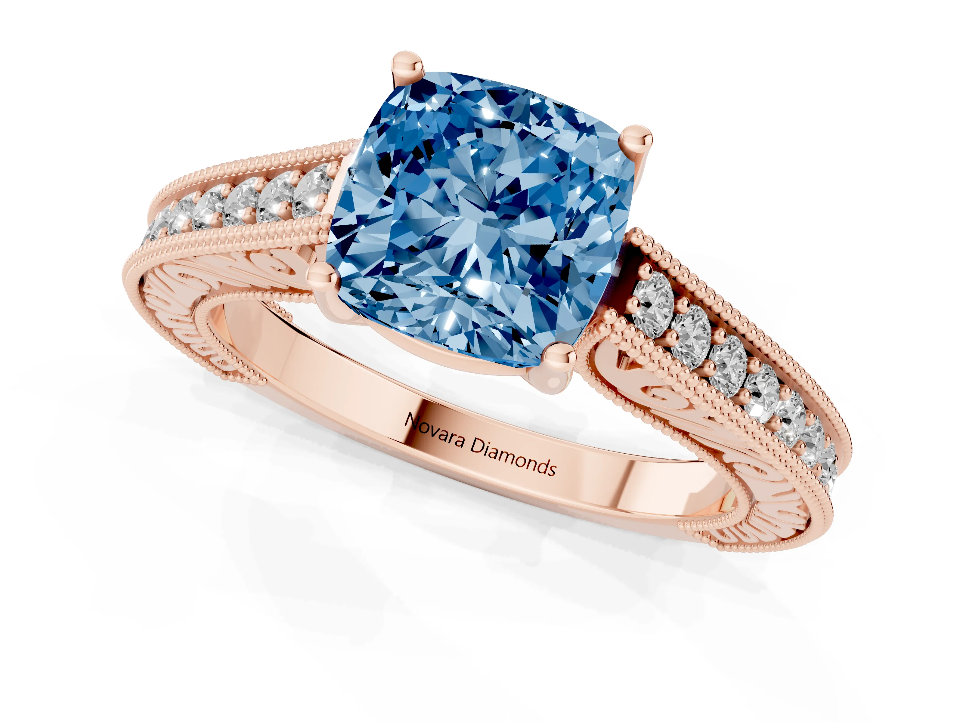 Fancy Blue Cushion Cut Diamond Milgrain Pavé Band Solitaire Ring Set in Rose gold with Prong Setting