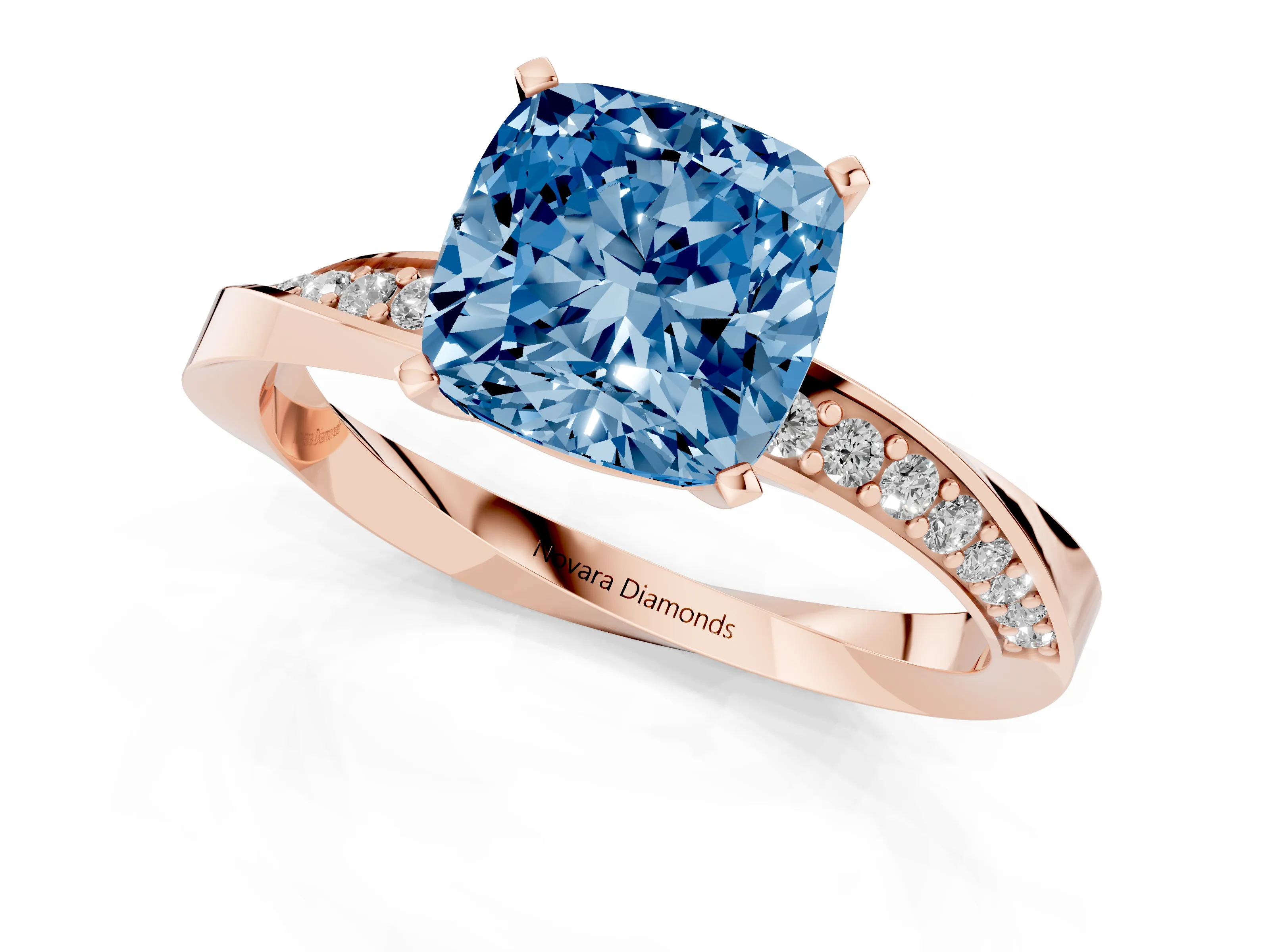 Fancy Blue Cushion Cut Diamond Engagement Ring Set in Rose gold with Side Stone Accents and Prong Setting