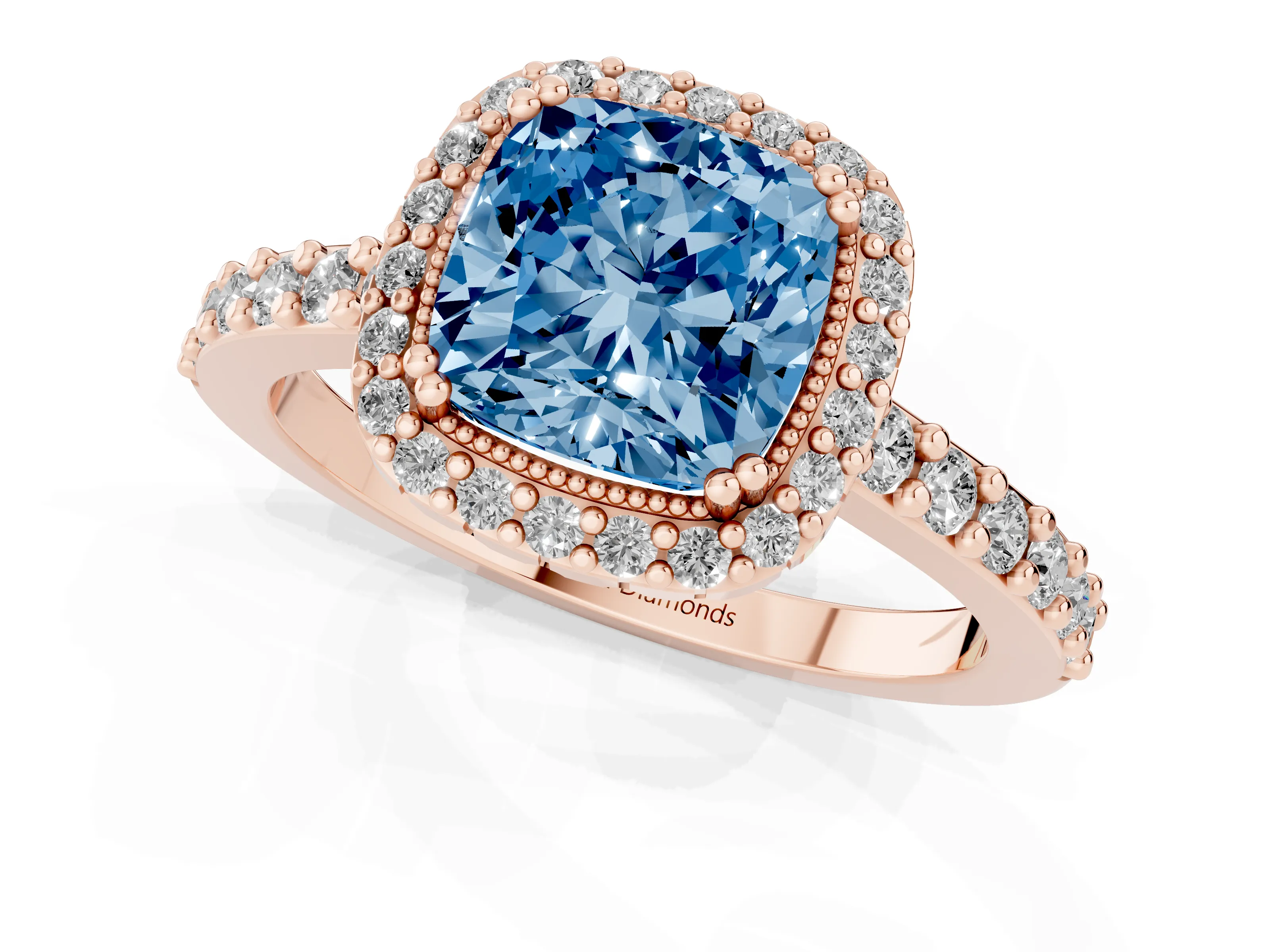 Fancy Blue Cushion Cut Diamond Halo Engagement Ring Set in Rose gold with Milgrain Detail and Pavé Band