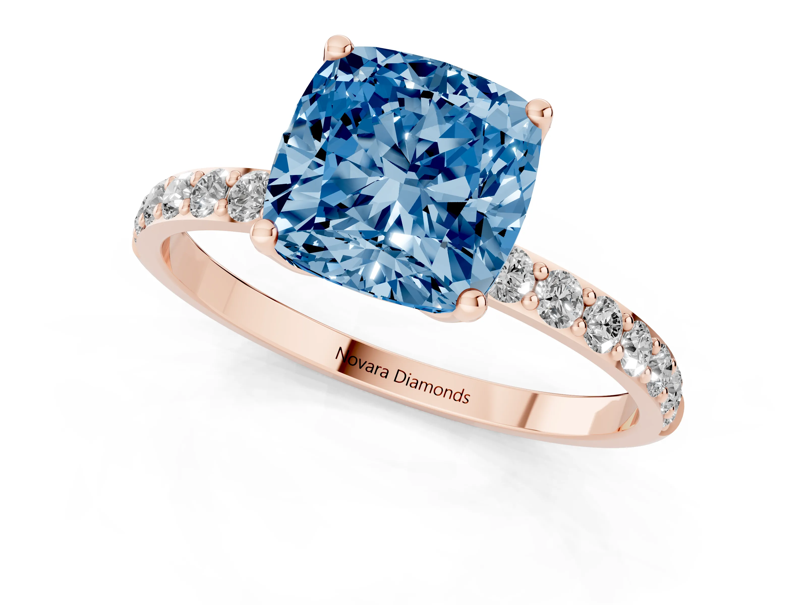 Fancy Blue Cushion Cut Diamond Solitaire Engagement Ring Set in Rose gold with Round Pavé Band and Prong Setting