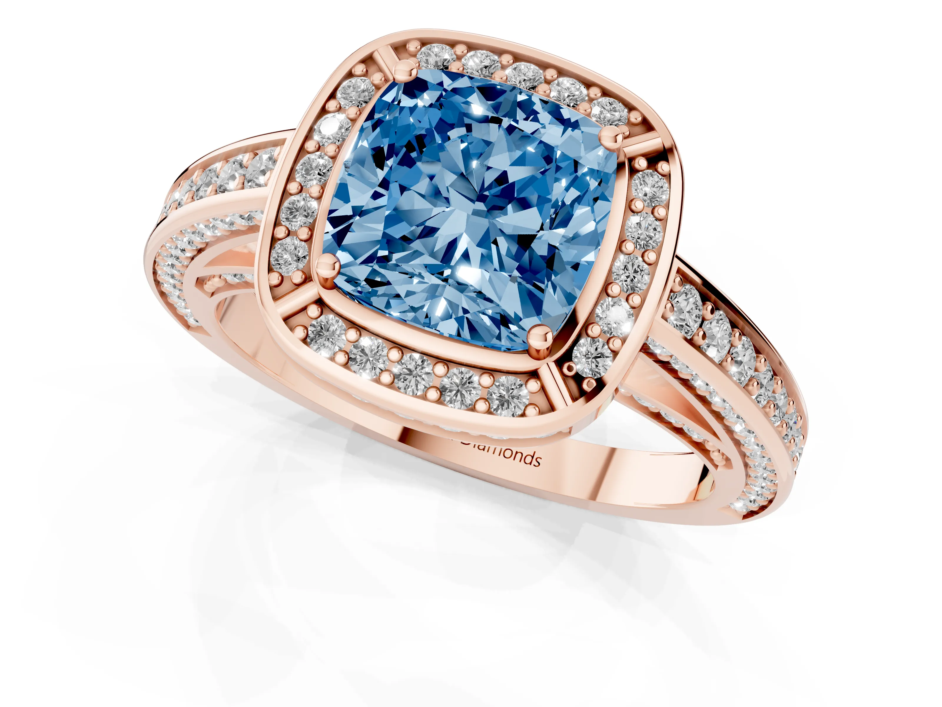 Fancy Blue Cushion Cut Diamond Halo Pavé Split Shank Ring Set in Rose gold with Prong Setting