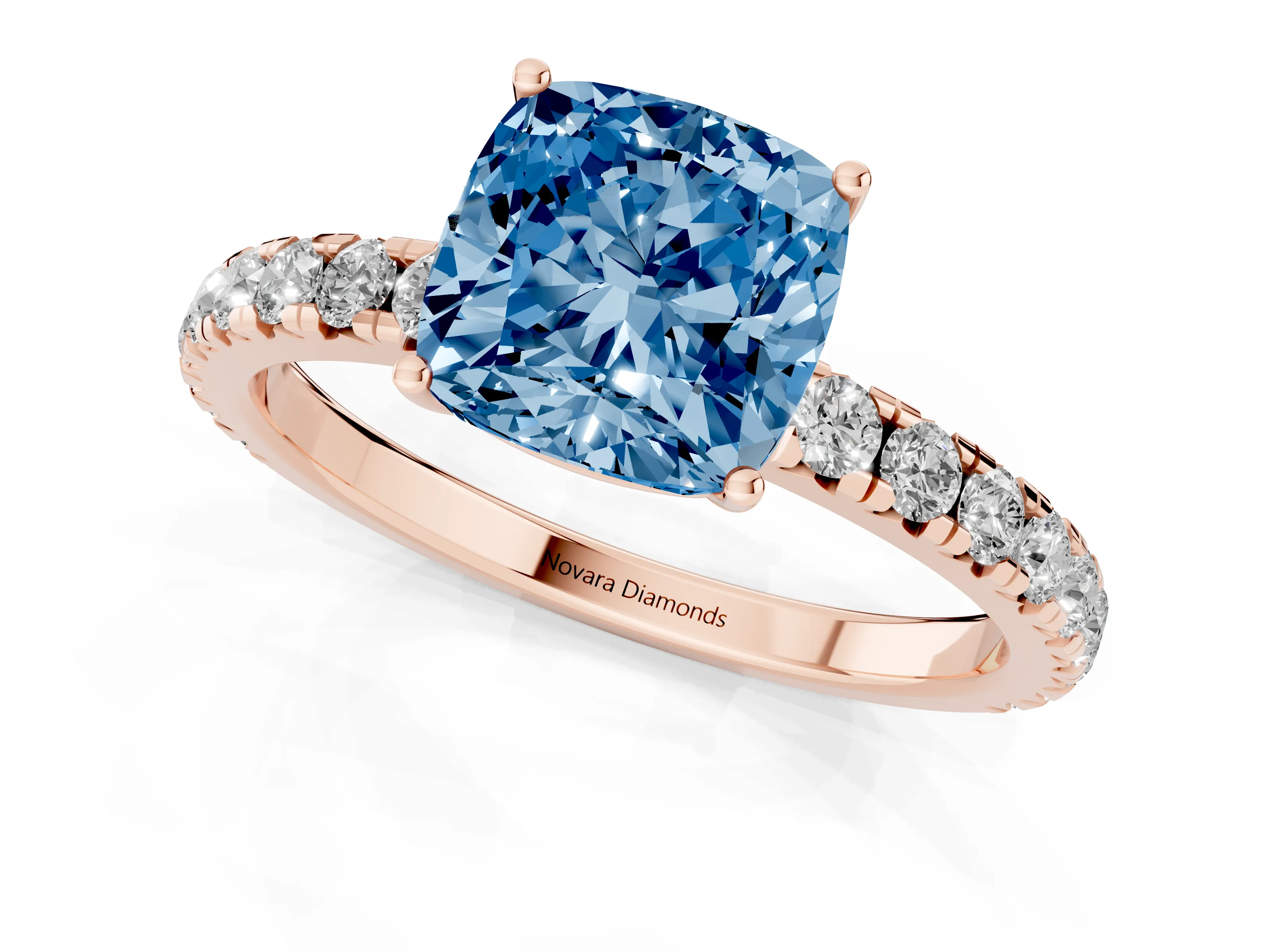 Fancy Blue Cushion Cut Diamond Pavé Solitaire Engagement Ring Set in Rose gold with Prong Setting
