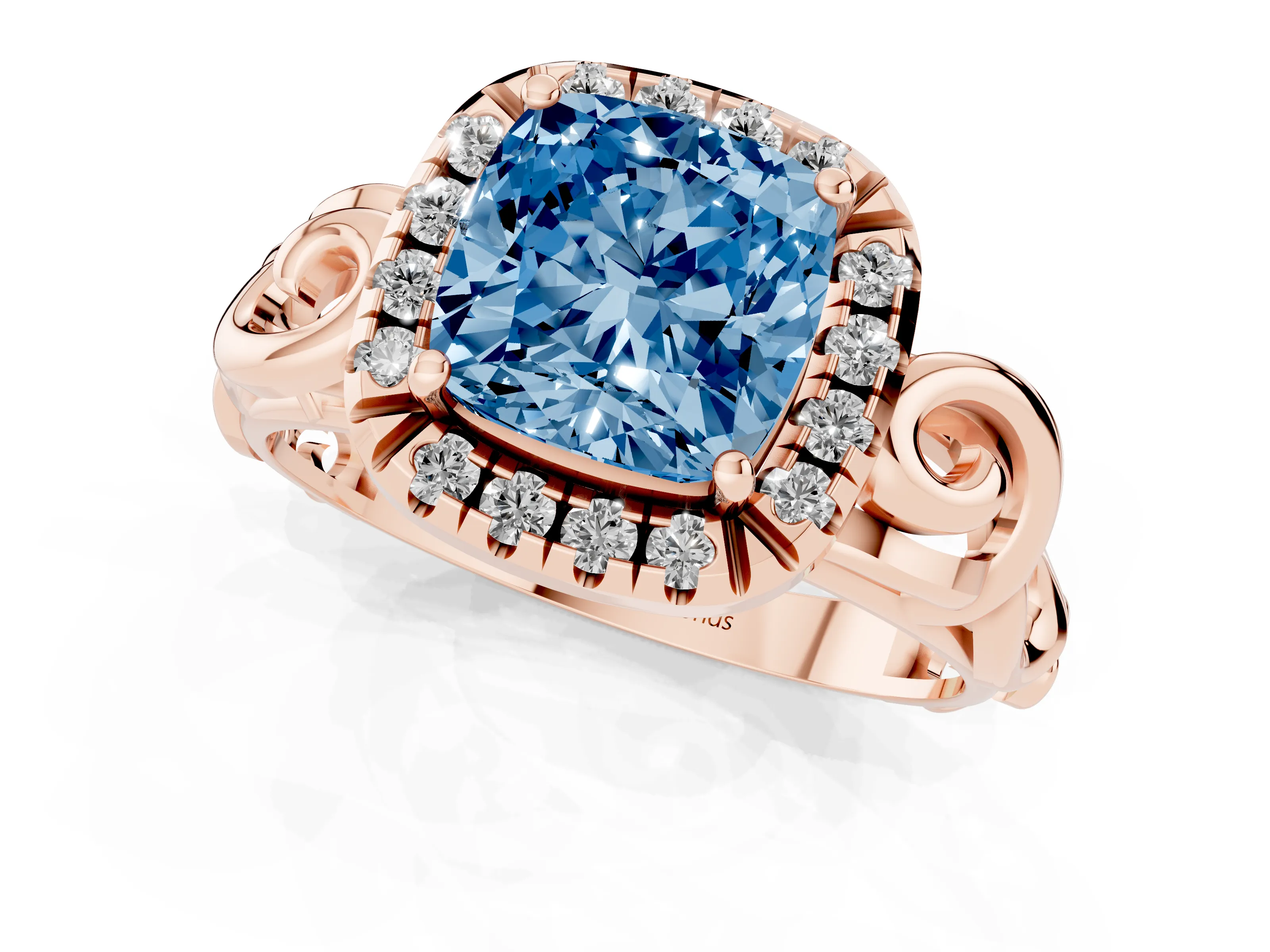 Fancy Blue Cushion Cut Diamond Halo Ring Set in Rose gold with Scrollwork Band and Prong Setting