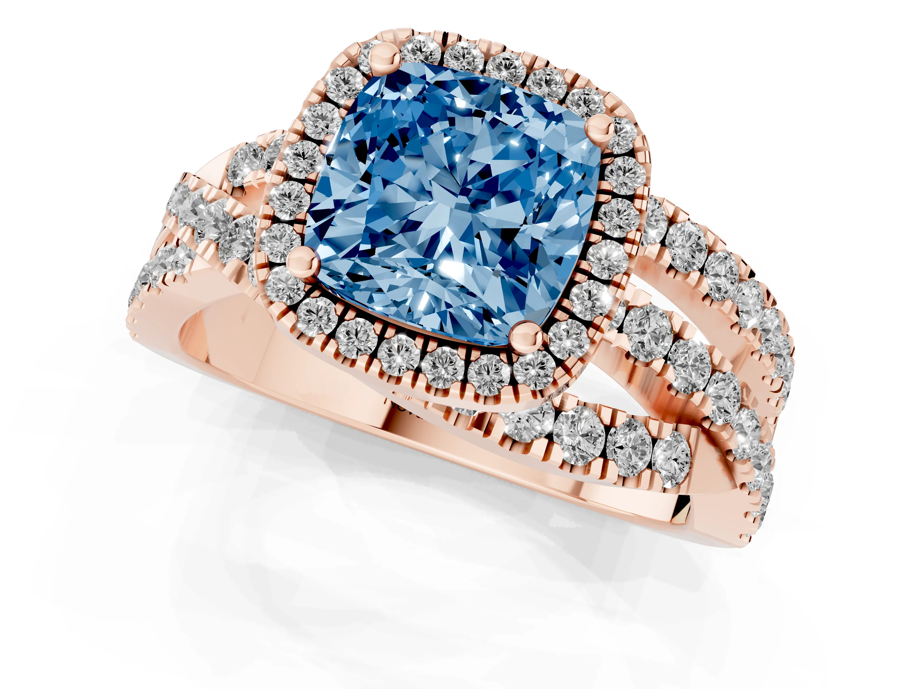 Fancy Blue Cushion Cut Diamond Halo Ring Set in Rose gold with Round Crossover Split Shank and Prong Setting