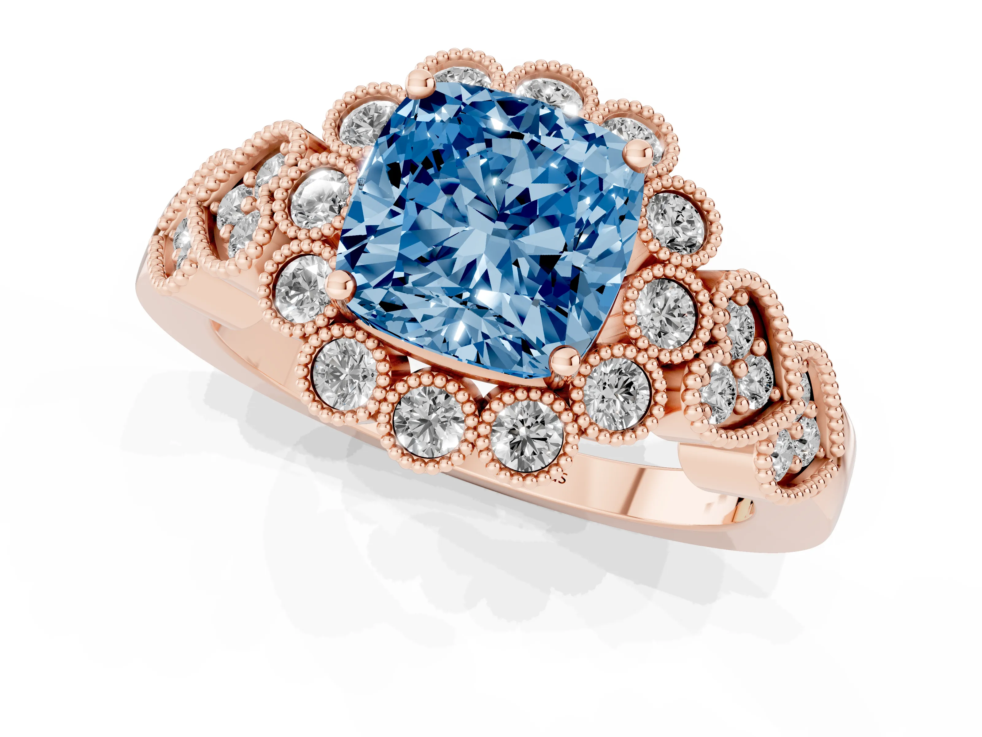 Fancy Blue Cushion Cut Diamond Solitaire Ring Set in Rose gold with Milgrain Pavé Heart Band