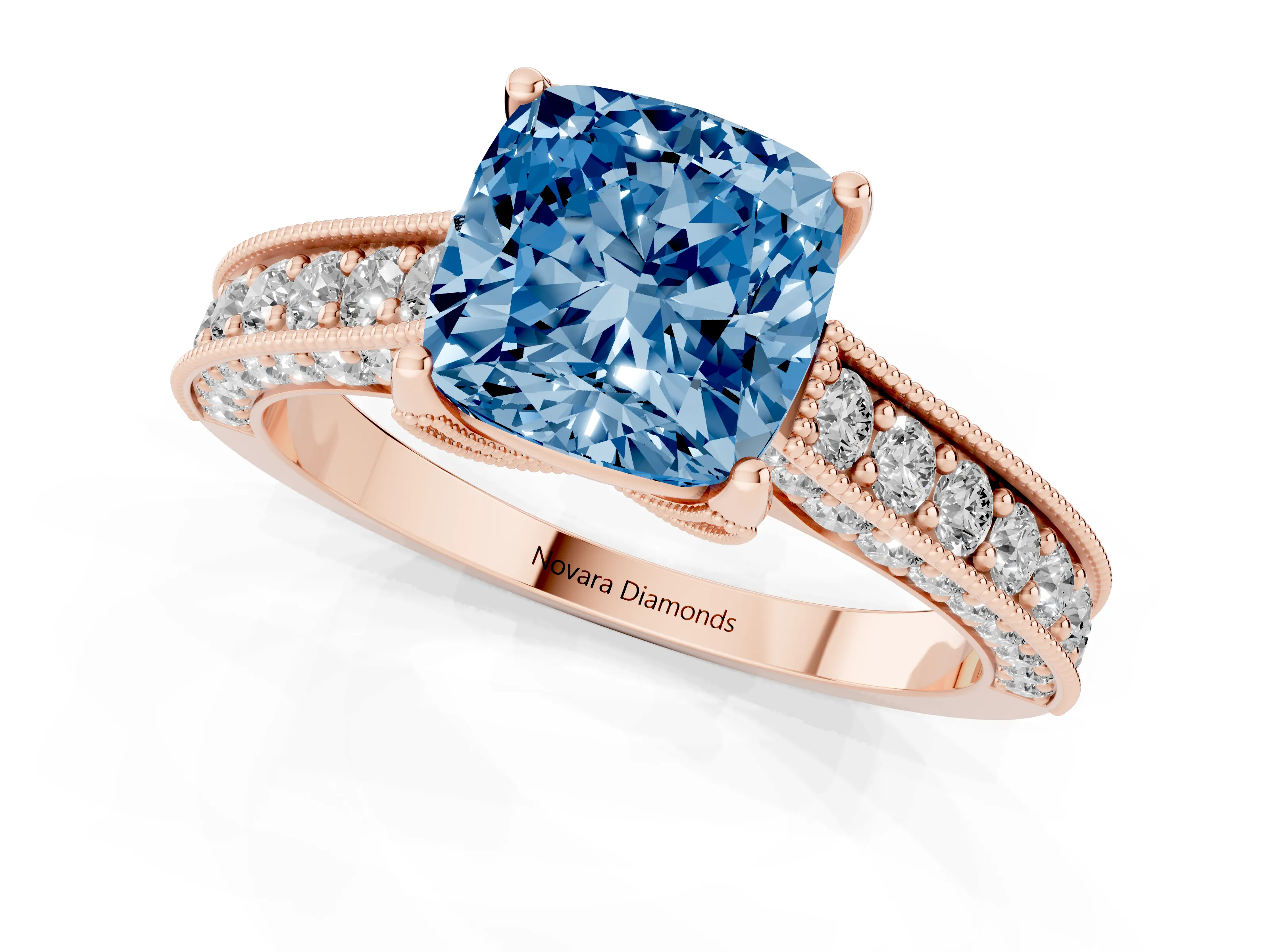Fancy Blue Cushion Cut Diamond Solitaire Ring Set in Rose gold with Milgrain-Edged Pavé Band and Prong Setting