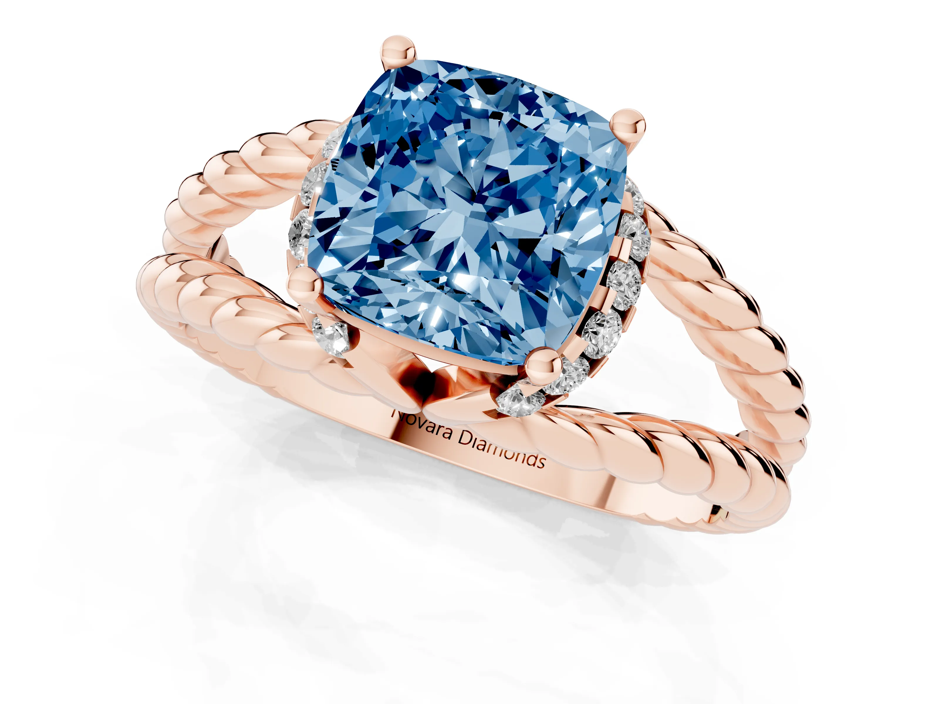 Fancy Blue Cushion Cut Diamond Halo Ring Set in Rose gold with Twisted Band and Prong Setting