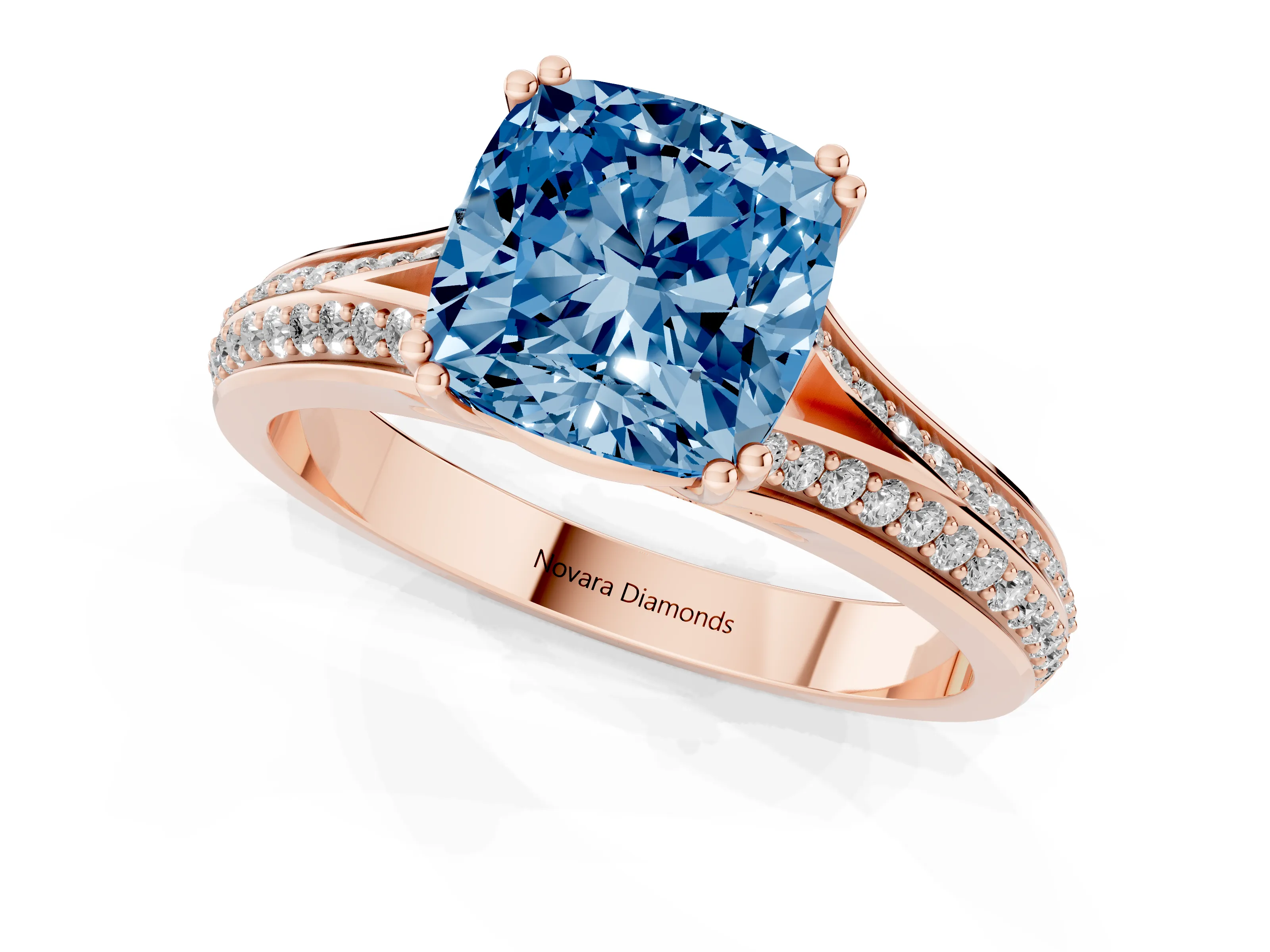 Fancy Blue Cushion Cut Diamond Split Shank Pavé Engagement Ring Set in Rose gold with Prong-Set Center Stone