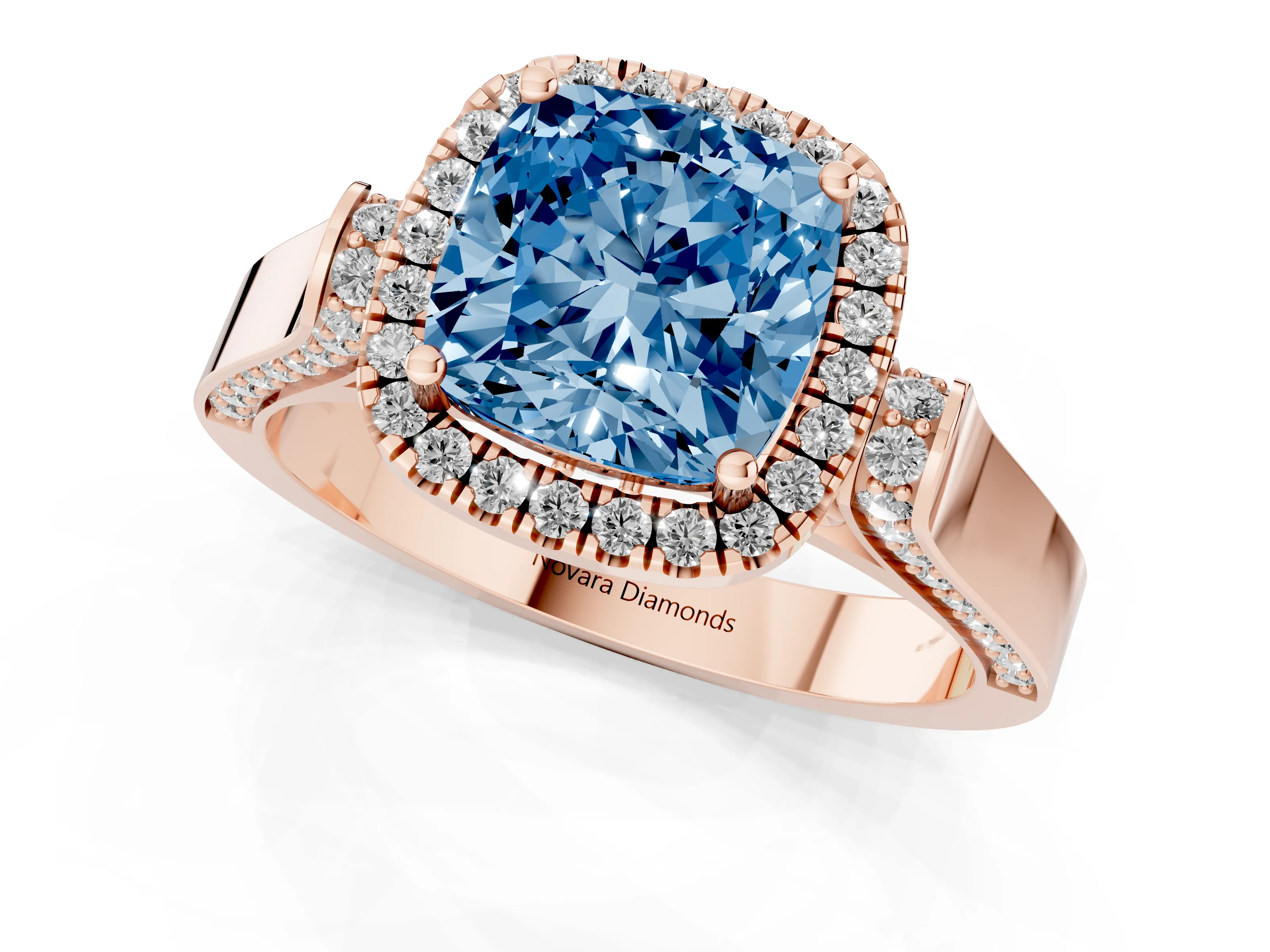 Fancy Blue Cushion Cut Diamond Halo Ring Set in Rose gold with Pavé-Lined Split Shank Band