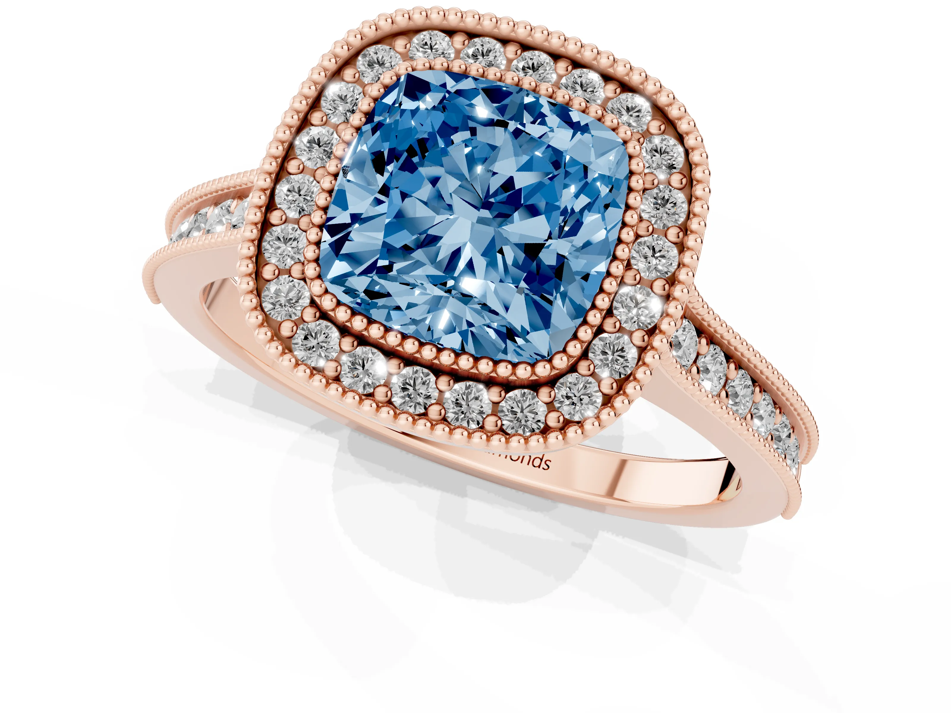 Fancy Blue Cushion Cut Diamond Halo Milgrain Pavé Band Ring Set in Rose gold with Prong Setting
