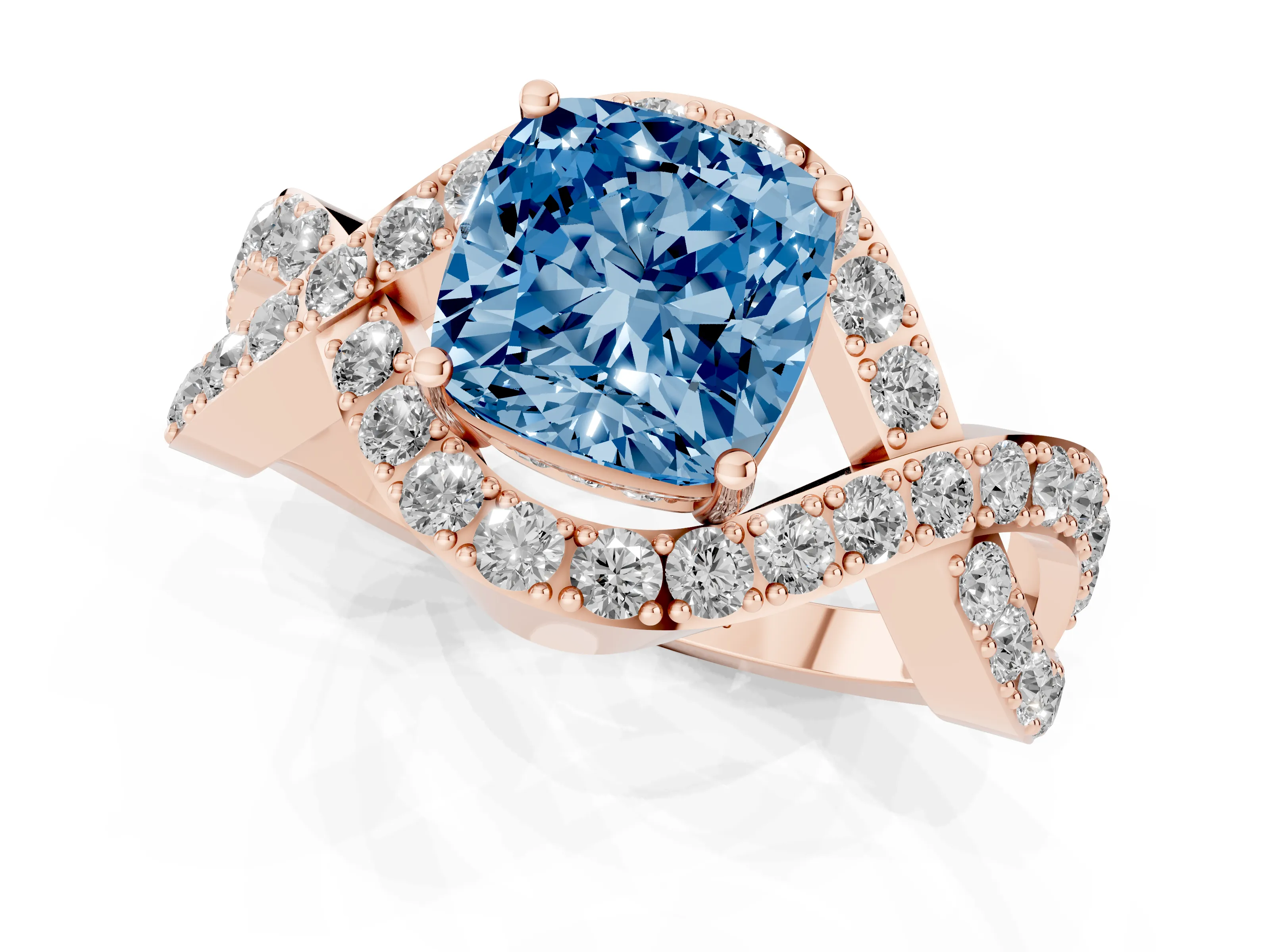 Fancy Blue Cushion Cut Diamond Solitaire Twist Band Pavé Engagement Ring Set in Rose gold