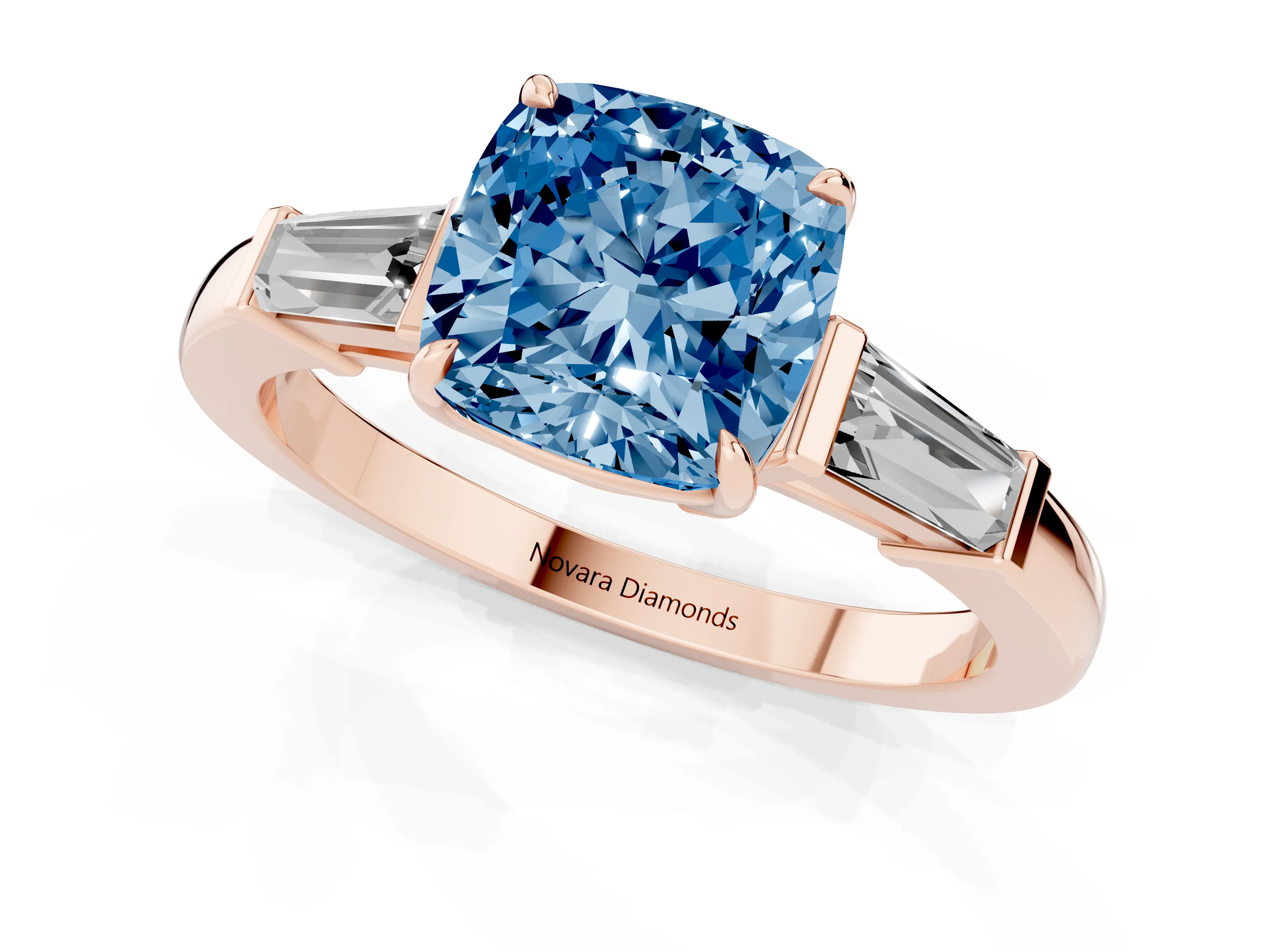 Fancy Blue Cushion Cut Diamond Three-Stone Ring Set in Rose gold with Tapered Baguette Side Stones and Prong Setting