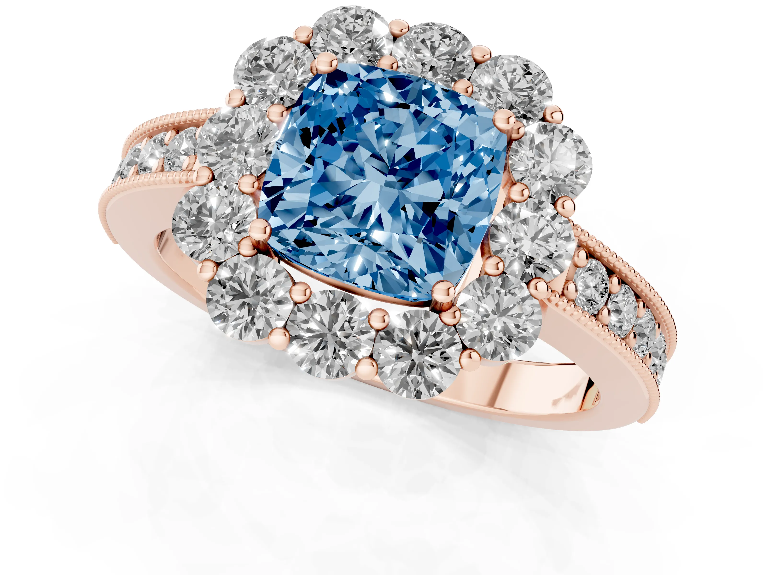 Fancy Blue Cushion Cut Diamond Halo Pavé Engagement Ring Set in Rose gold with Milgrain Detailing