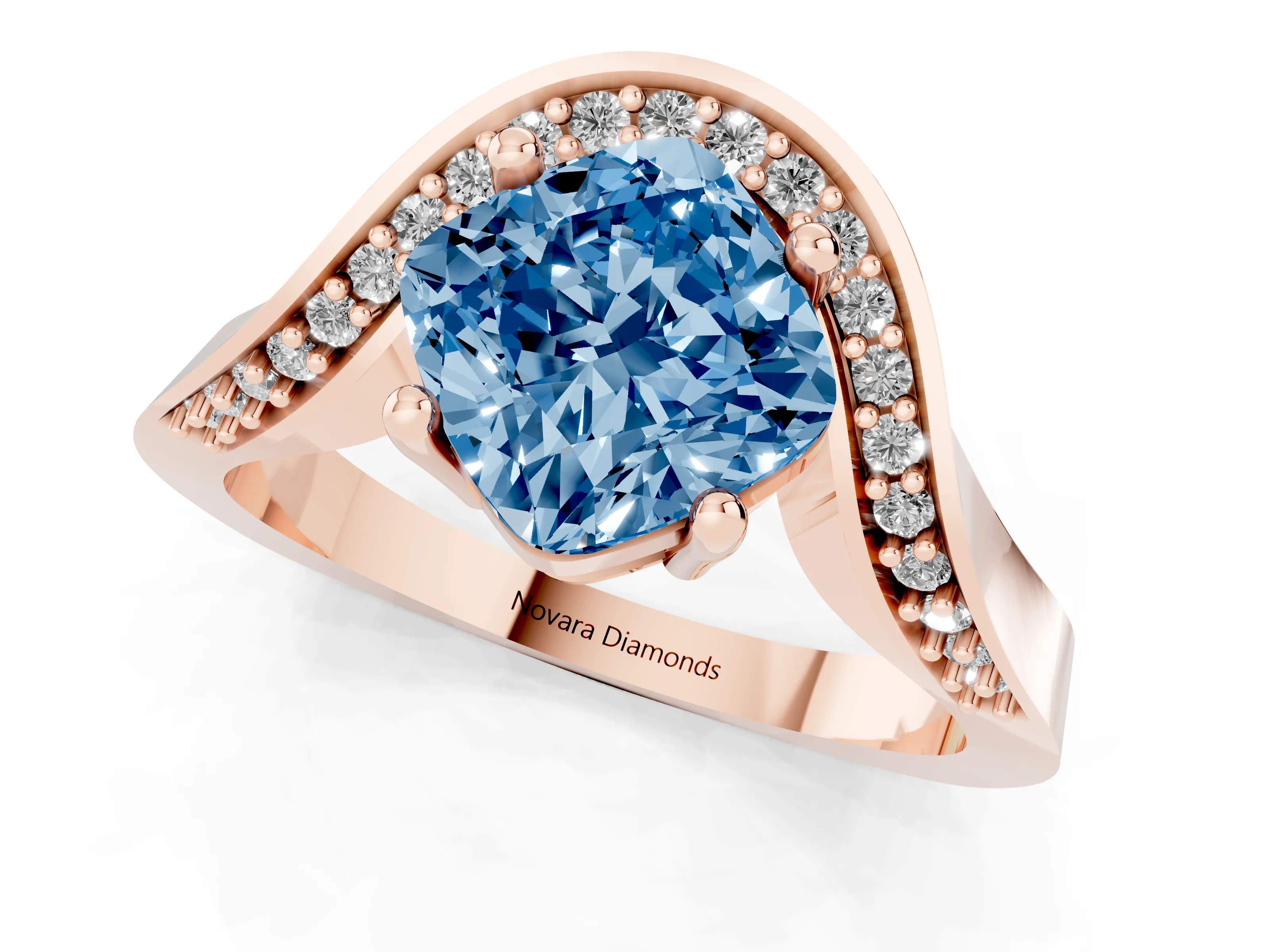 Fancy Blue Cushion Cut Diamond Solitaire Engagement Ring Set in Rose gold with Pavé Shoulders