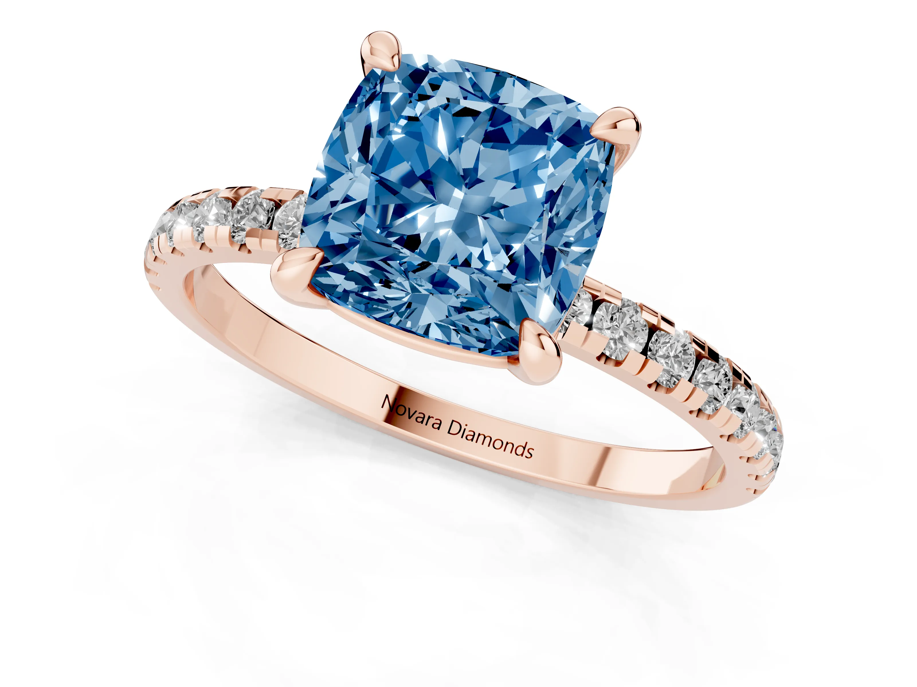 Fancy Blue Cushion Cut Diamond Brilliant Solitaire Ring Set in Rose gold with Pavé Band and Prong Setting