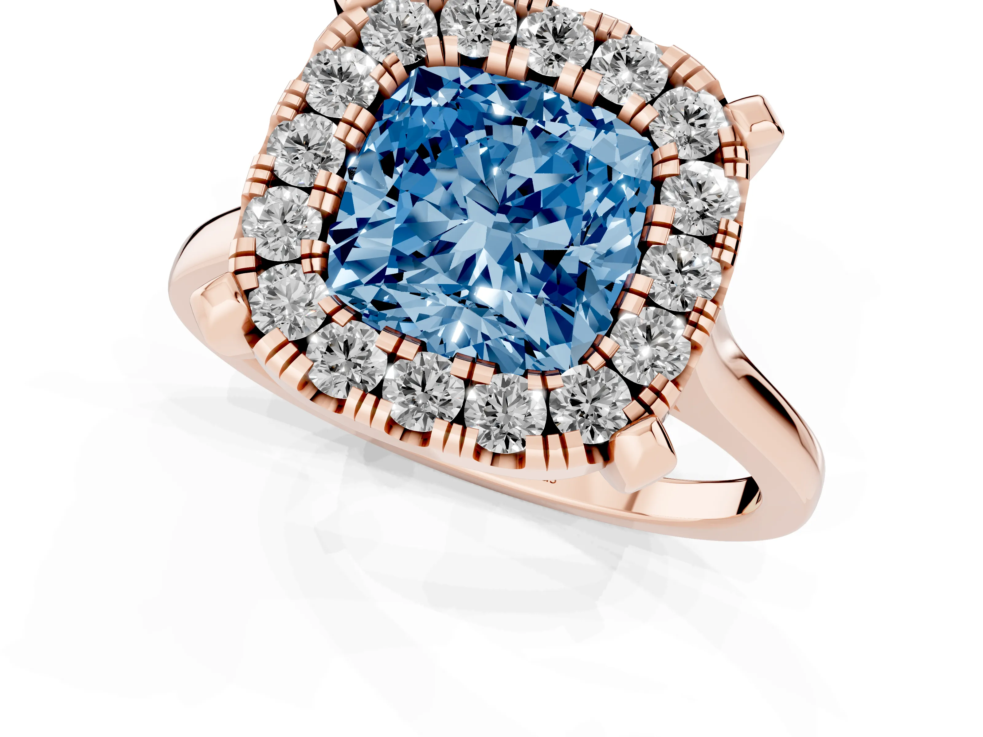 Fancy Blue Cushion Cut Diamond Cluster Halo Solitaire Ring Set in Rose gold with Prong Setting