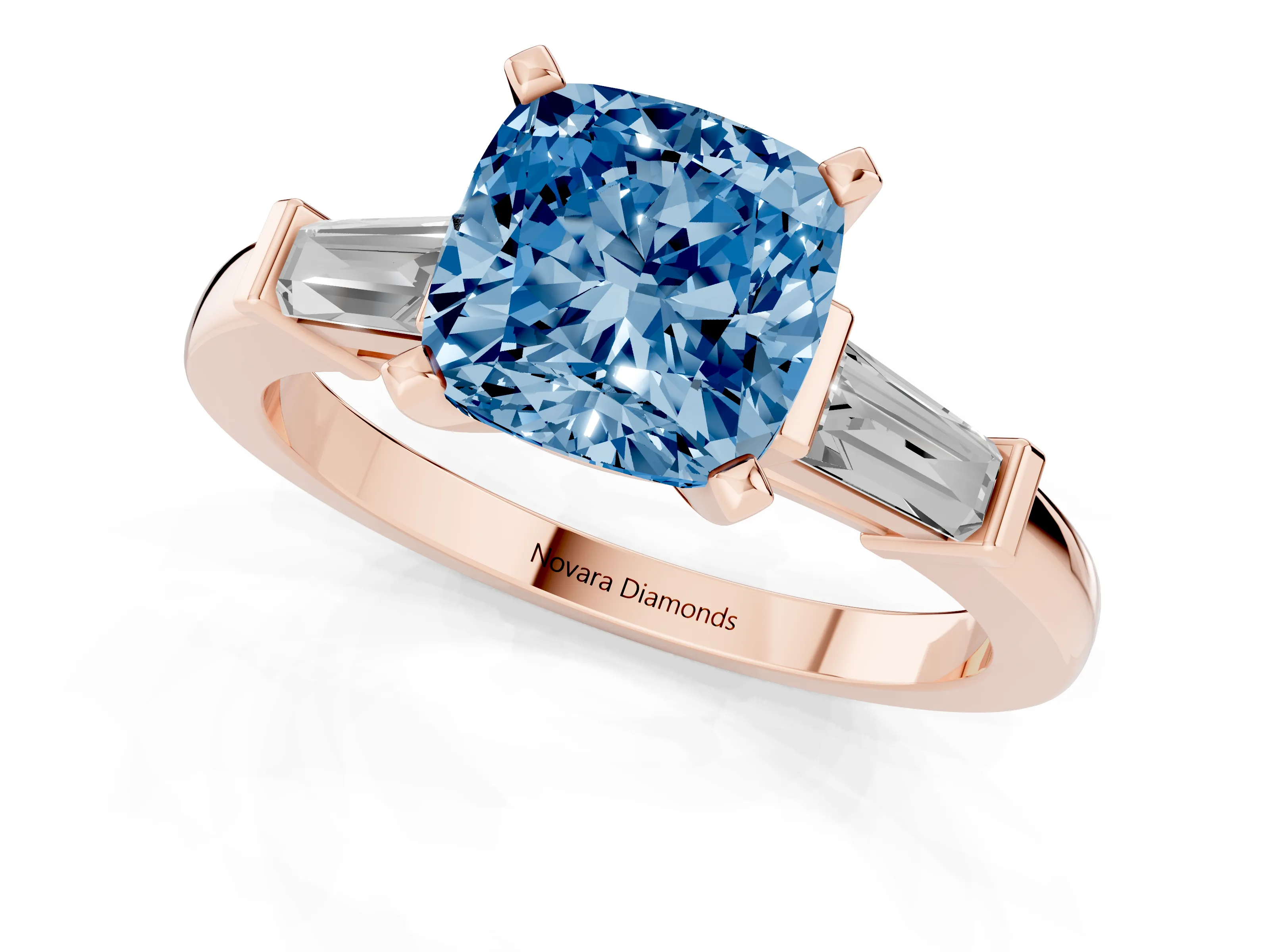 Fancy Blue Cushion Cut Diamond Solitaire Ring Set in Rose gold with Tapered Baguette Accents and Prong Setting