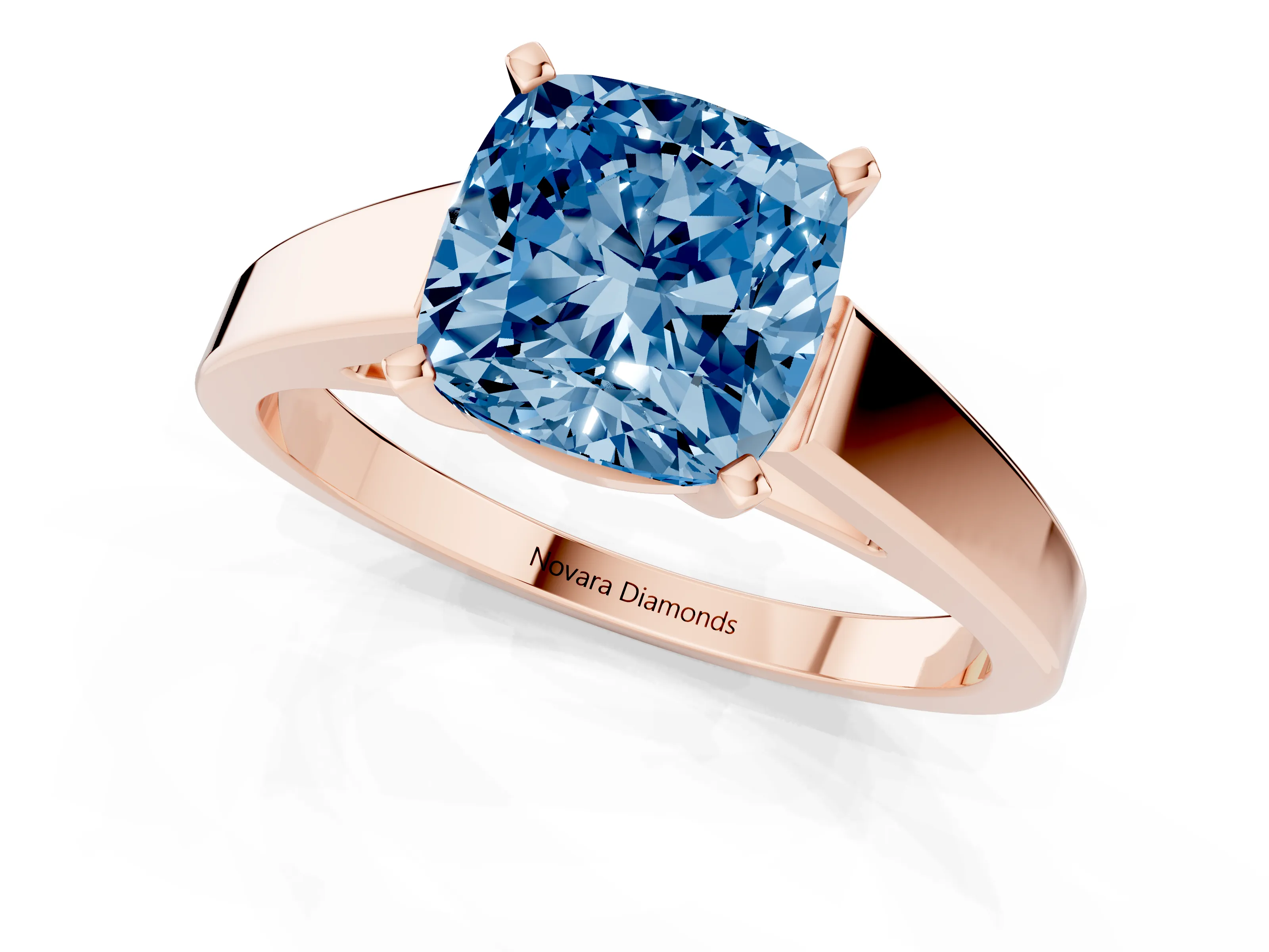 Fancy Blue Cushion Cut Diamond Solitaire Engagement Ring Set in Rose gold with Prong Setting and Tapered Band