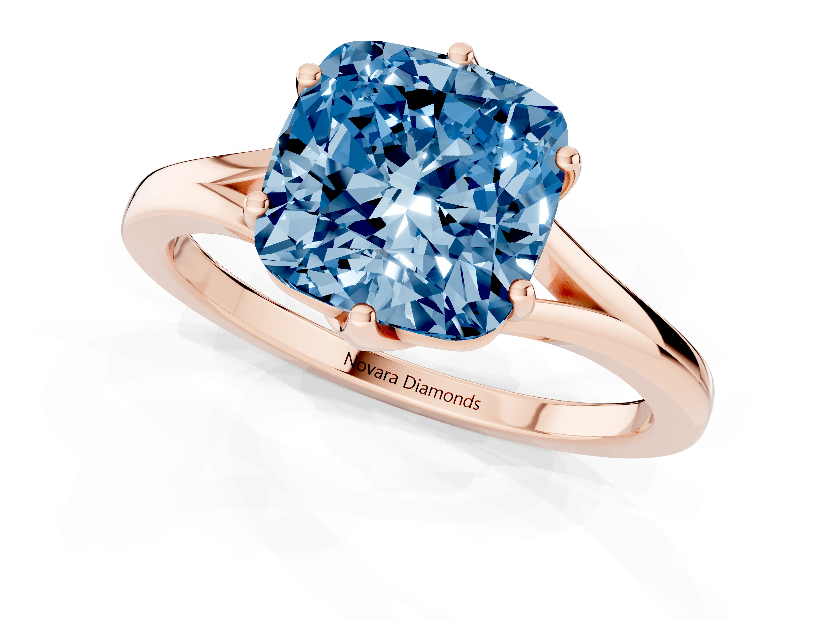 Fancy Blue Cushion Cut Diamond Solitaire Ring Set in Rose gold with Polished Tapered Band and Prong Setting