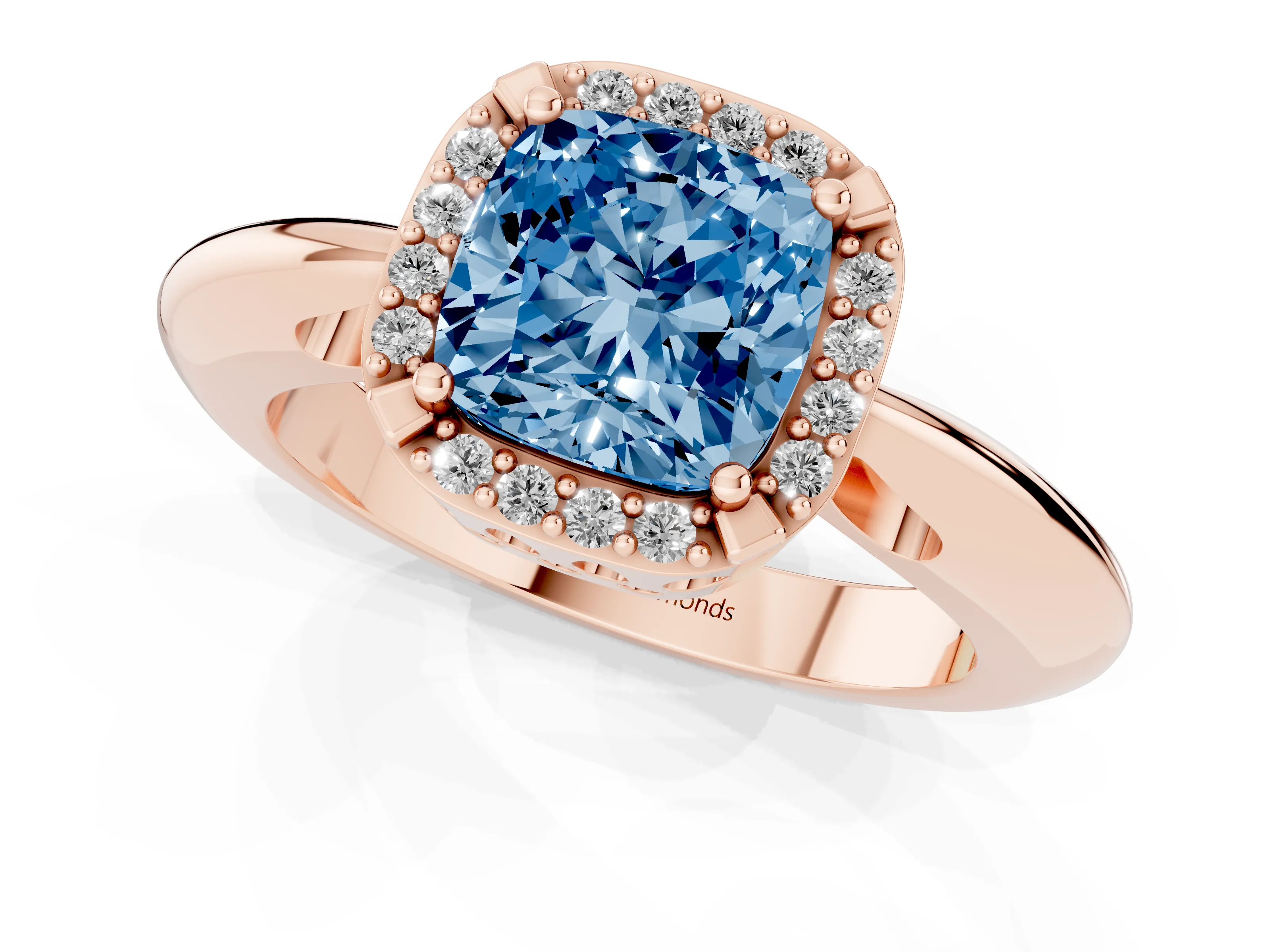 Fancy Blue Cushion Cut Diamond Halo Engagement Ring Set in Rose gold with Plain Split Shank and Prong Setting