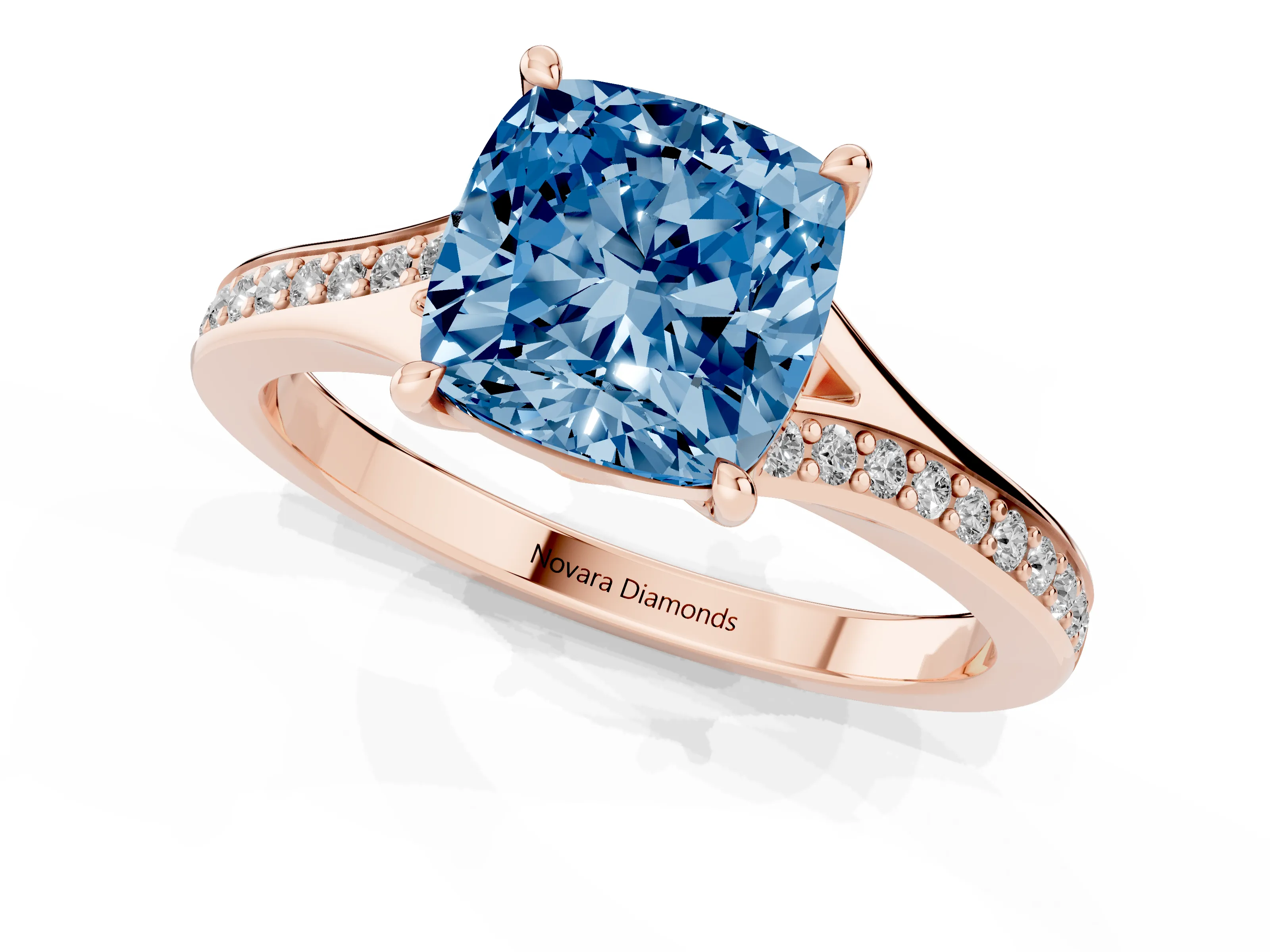 Fancy Blue Cushion Cut Diamond Solitaire Ring Set in Rose gold with Pavé Accent Band and Classic Prong Setting
