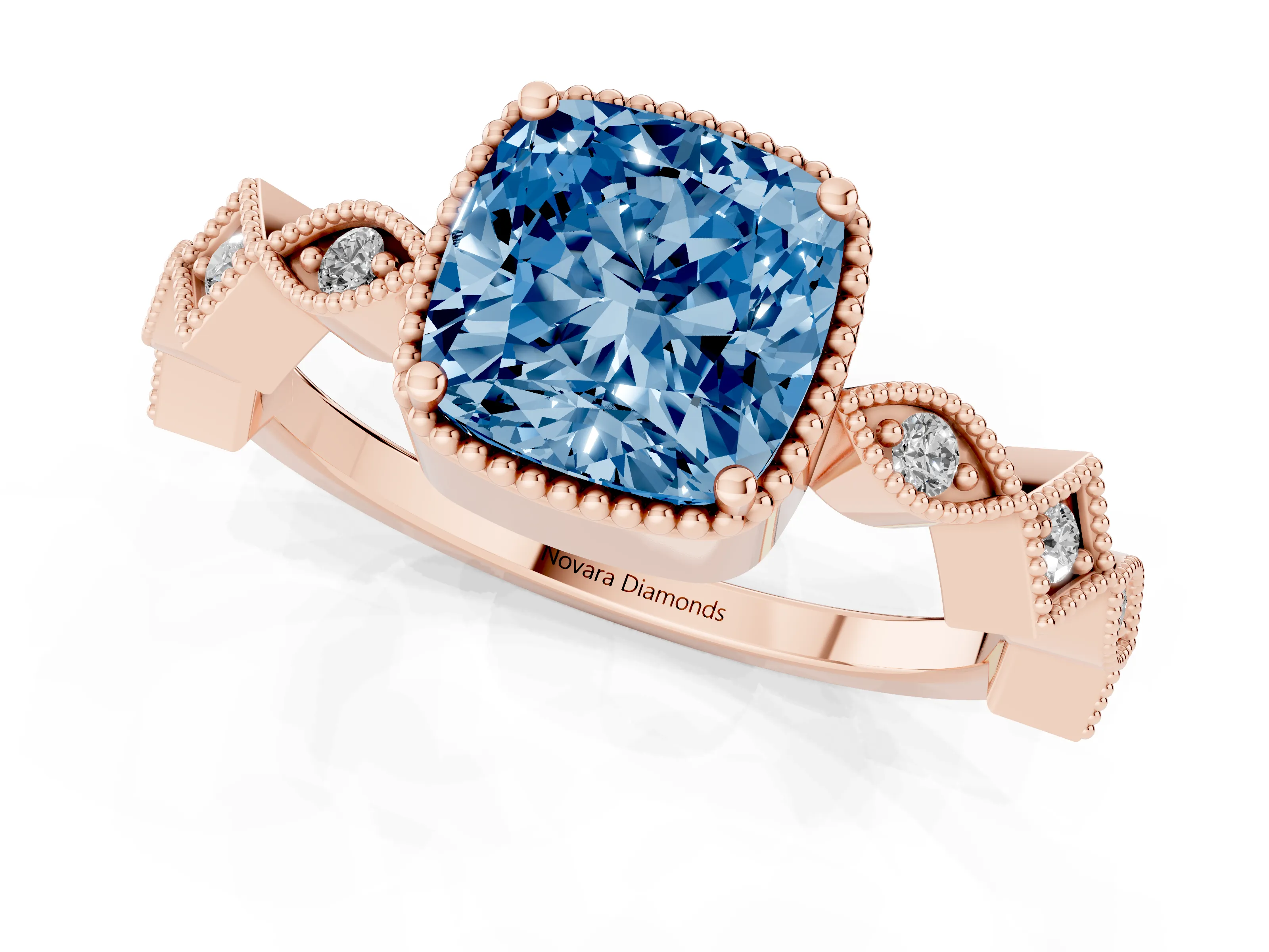 Fancy Blue Cushion Cut Diamond Milgrain Marquise Twist Band Ring Set in Rose gold with Prong Setting